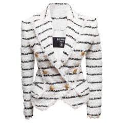 White & Black Balmain Striped Textured Double-Breasted Blazer Size FR 34
