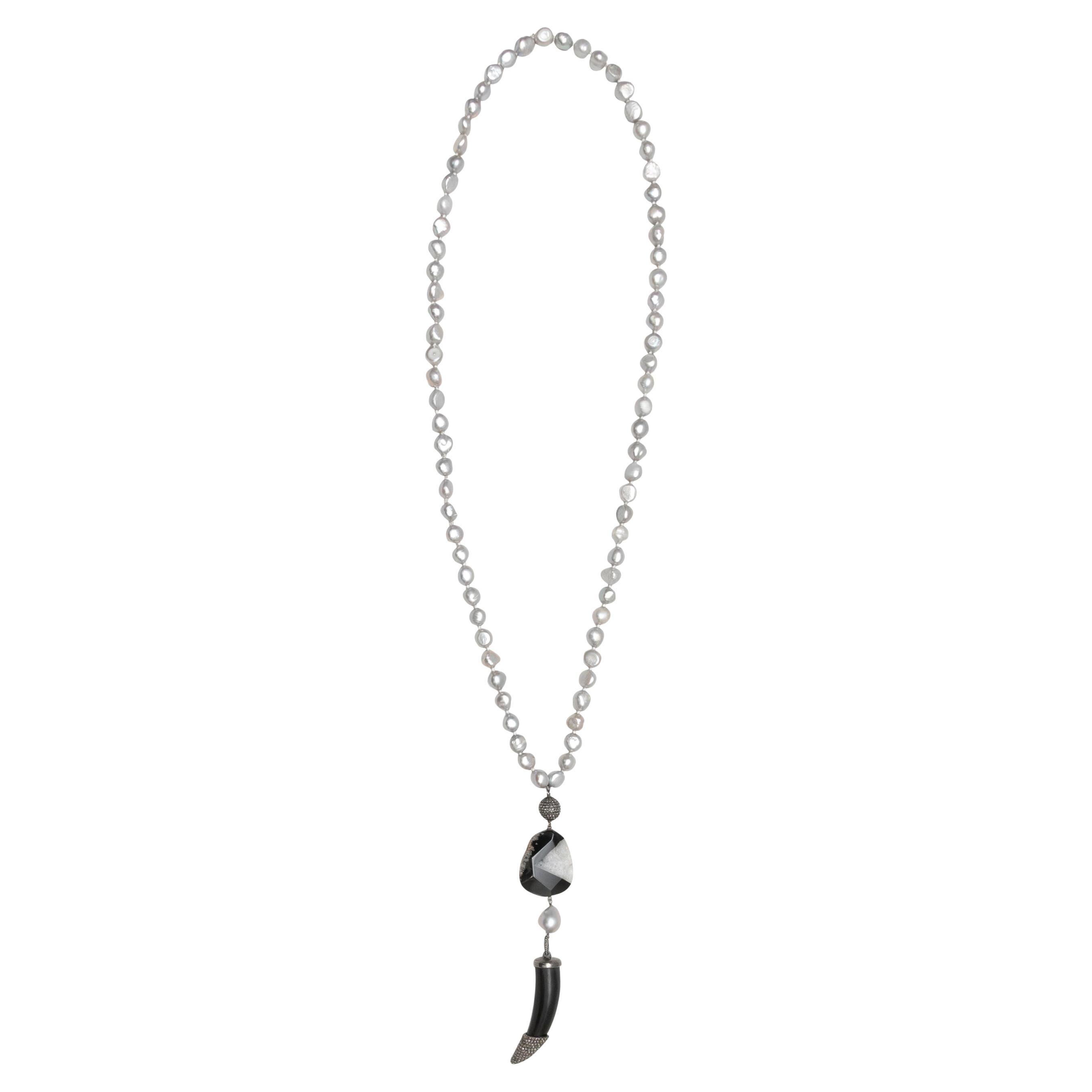White & Black Bavna Pearl, Diamond, & Onyx Horn Lariat Necklace For Sale