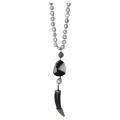 White & Black Bavna Pearl, Onyx, & Pave Diamond Horn Lariat Necklace