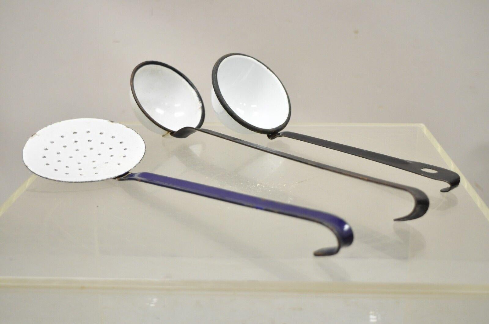 White Black Blue Porcelain Enamel French County Water Dipper Ladles, 3 Pieces For Sale 3