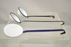 White Black Blue Porcelain Enamel French County Water Dipper Ladles, 3 Pieces