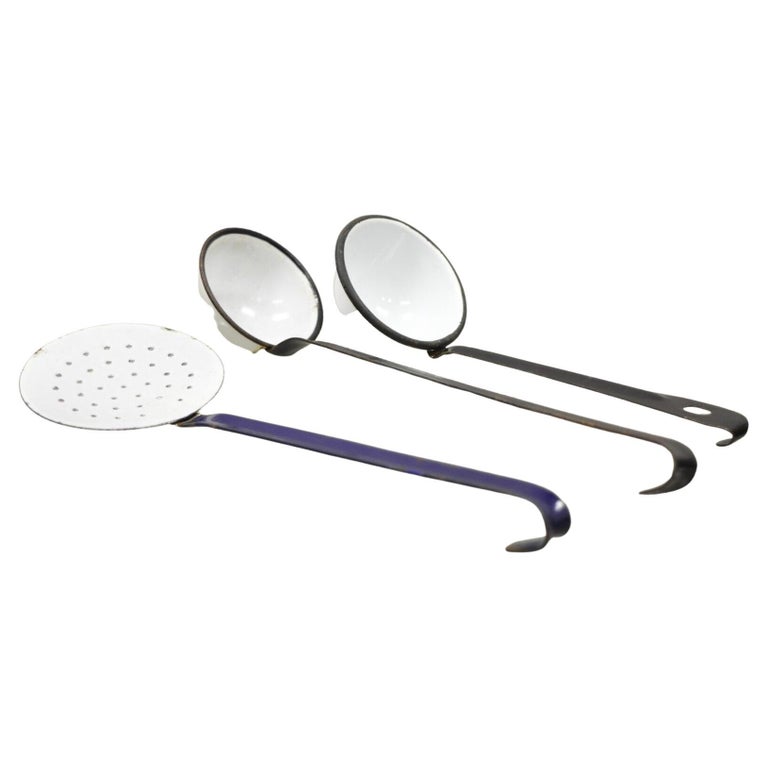 White Black Blue Porcelain Enamel French County Water Dipper Ladles, 3 Pieces For Sale at 1stDibs