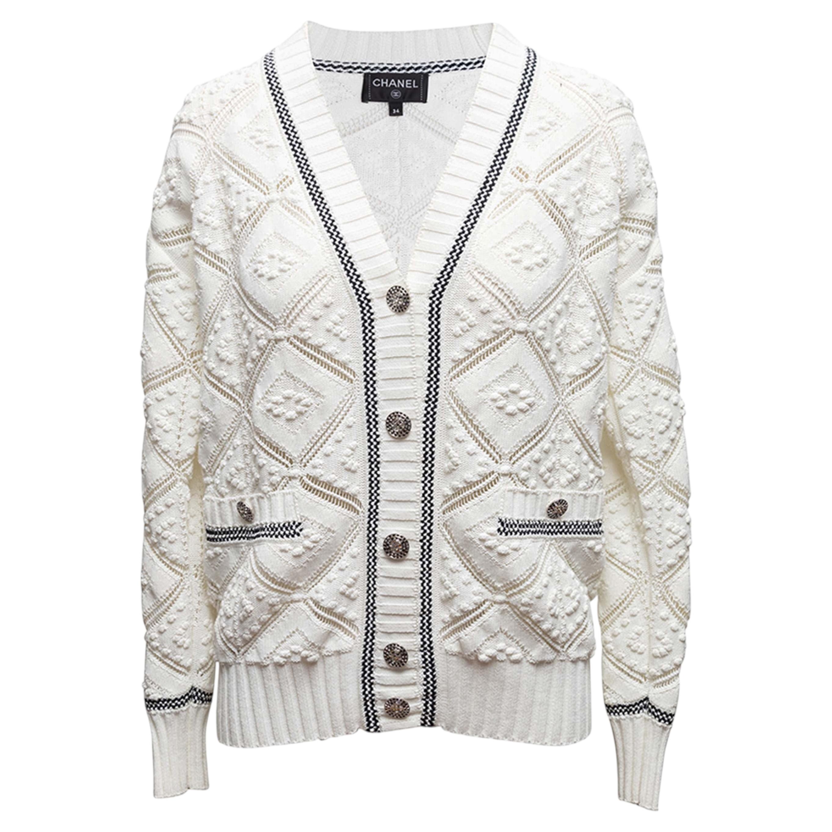 White & Black Chanel V-Neck Cardigan Size FR 34