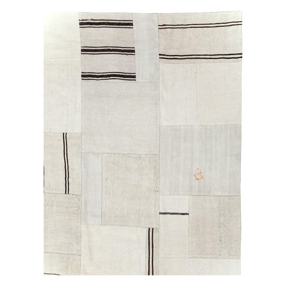 Hand-Woven White & Black Contemporary Handmade Turkish Flatweave Kilim Room Size Carpet For Sale