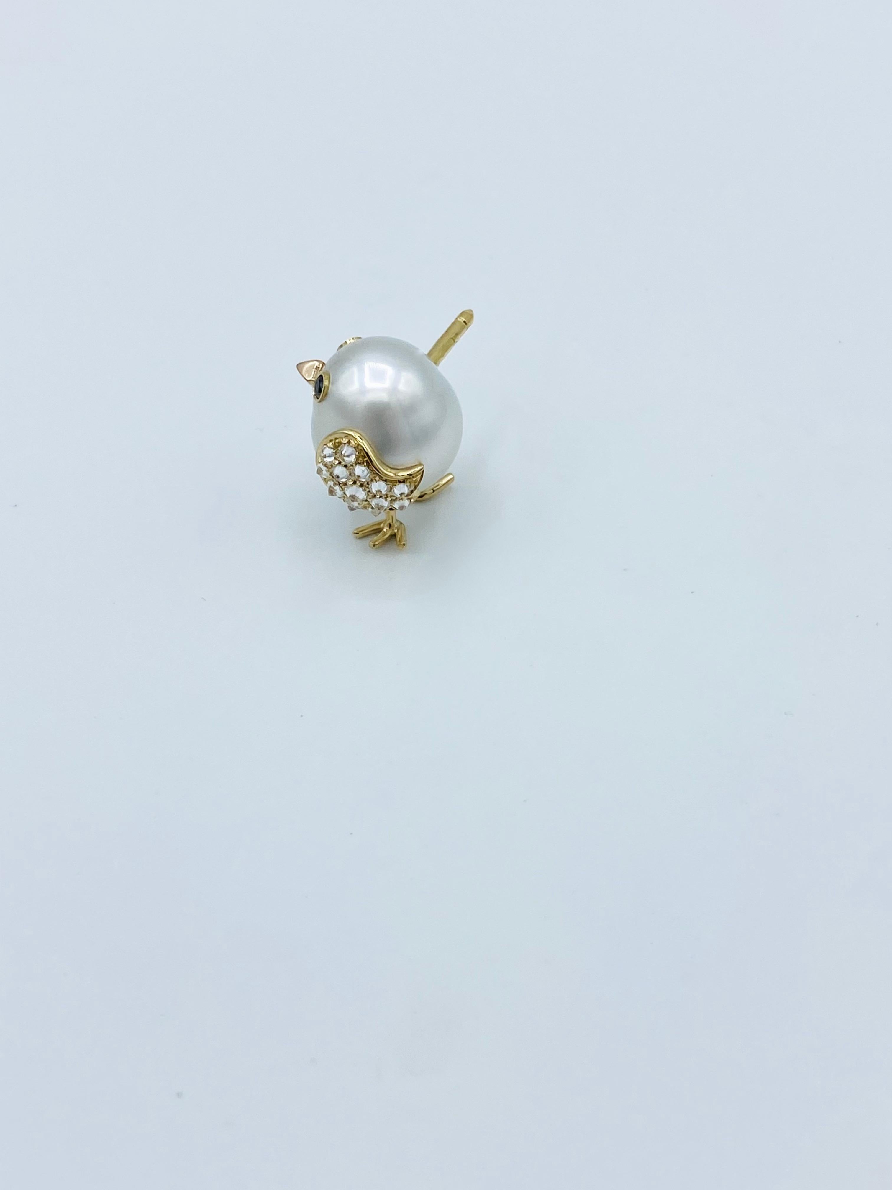 White Black Diamond Australian Pearl 18Kt Gold  Chick Pin Brooch  In New Condition In Bussolengo, Verona