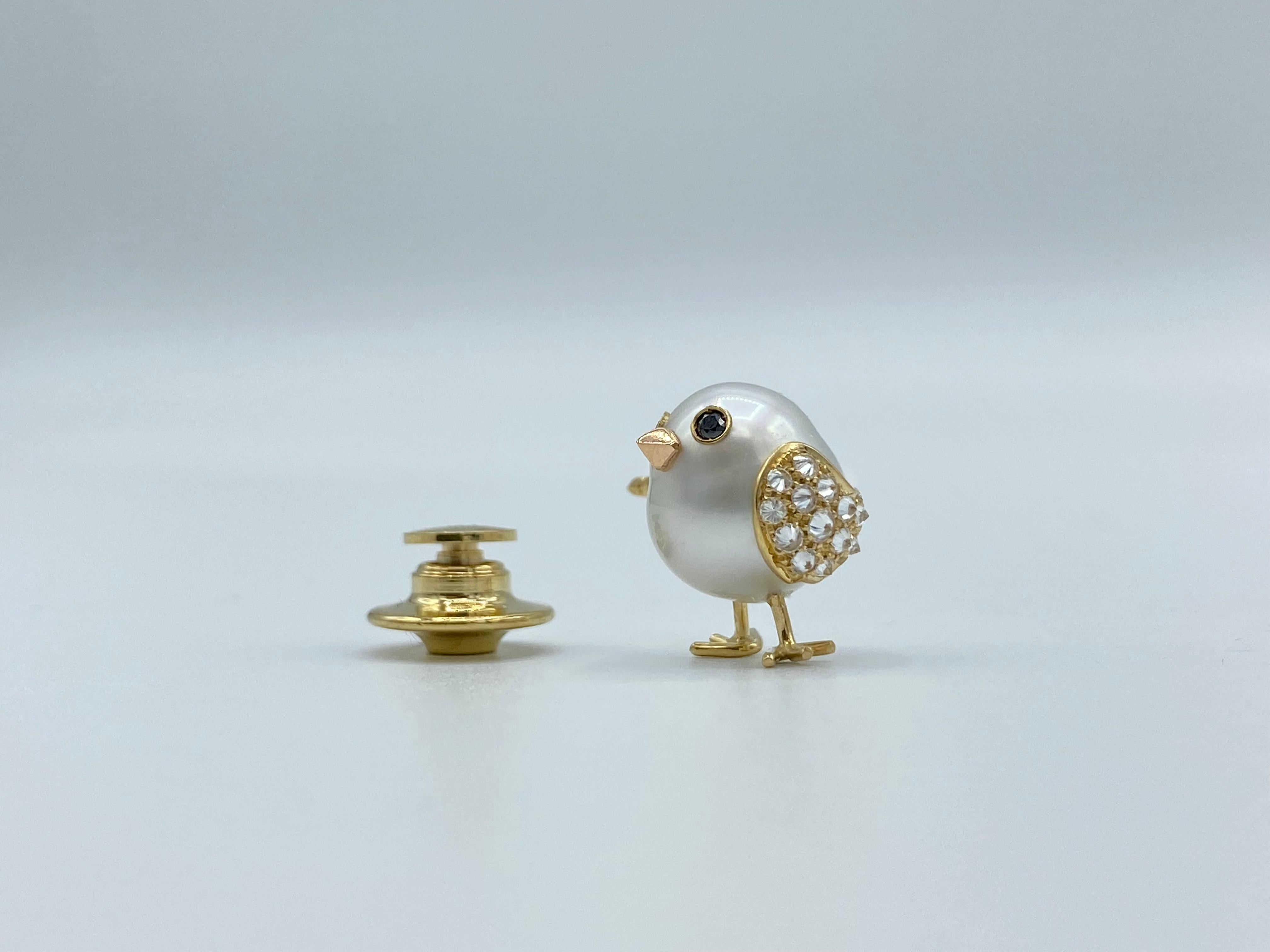 White Black Diamond Australian Pearl 18Kt Gold  Chick Pin Brooch  2