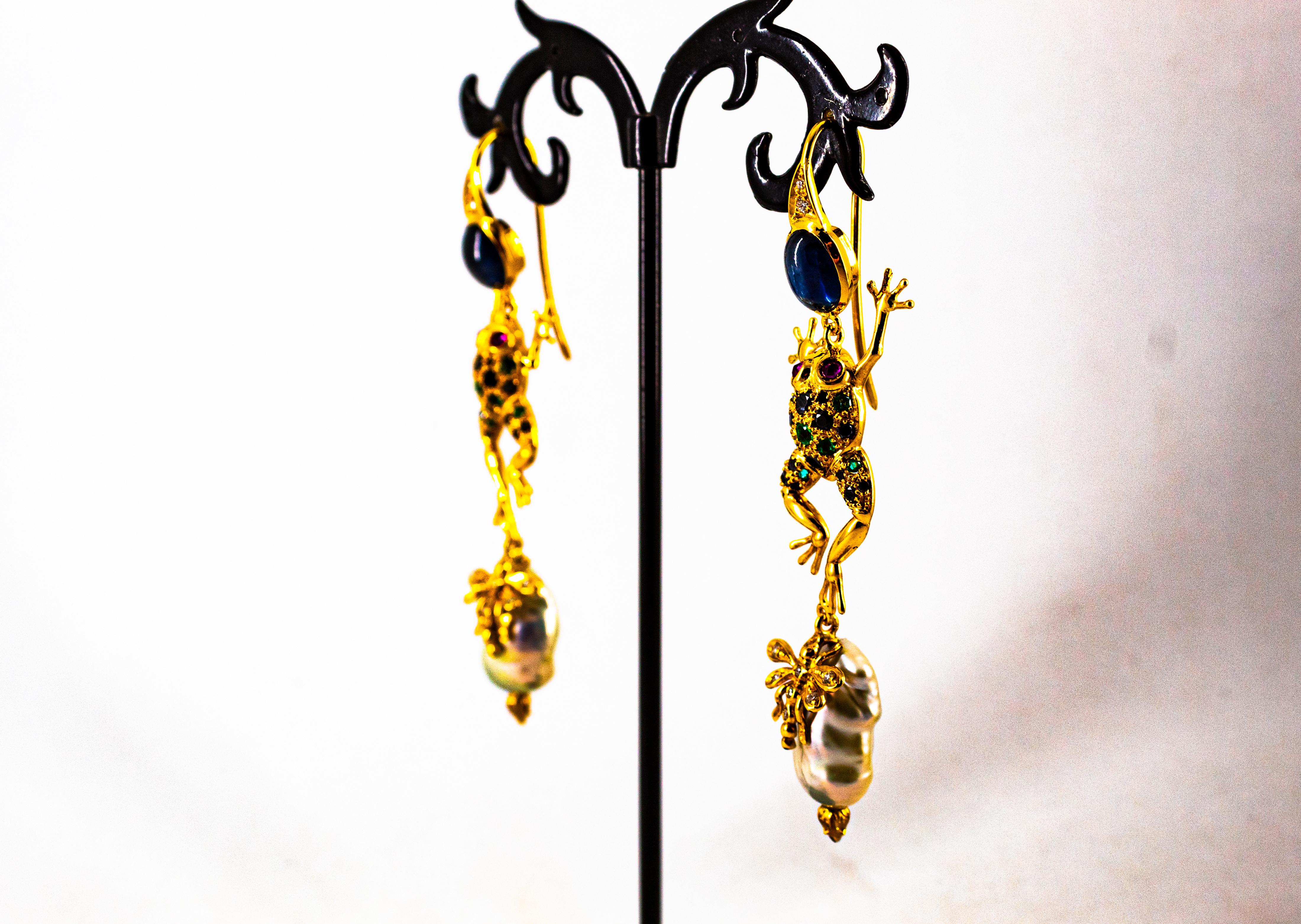White Black Diamond Emerald Blue Sapphire Ruby Pearl Yellow Gold Drop Earrings For Sale 4
