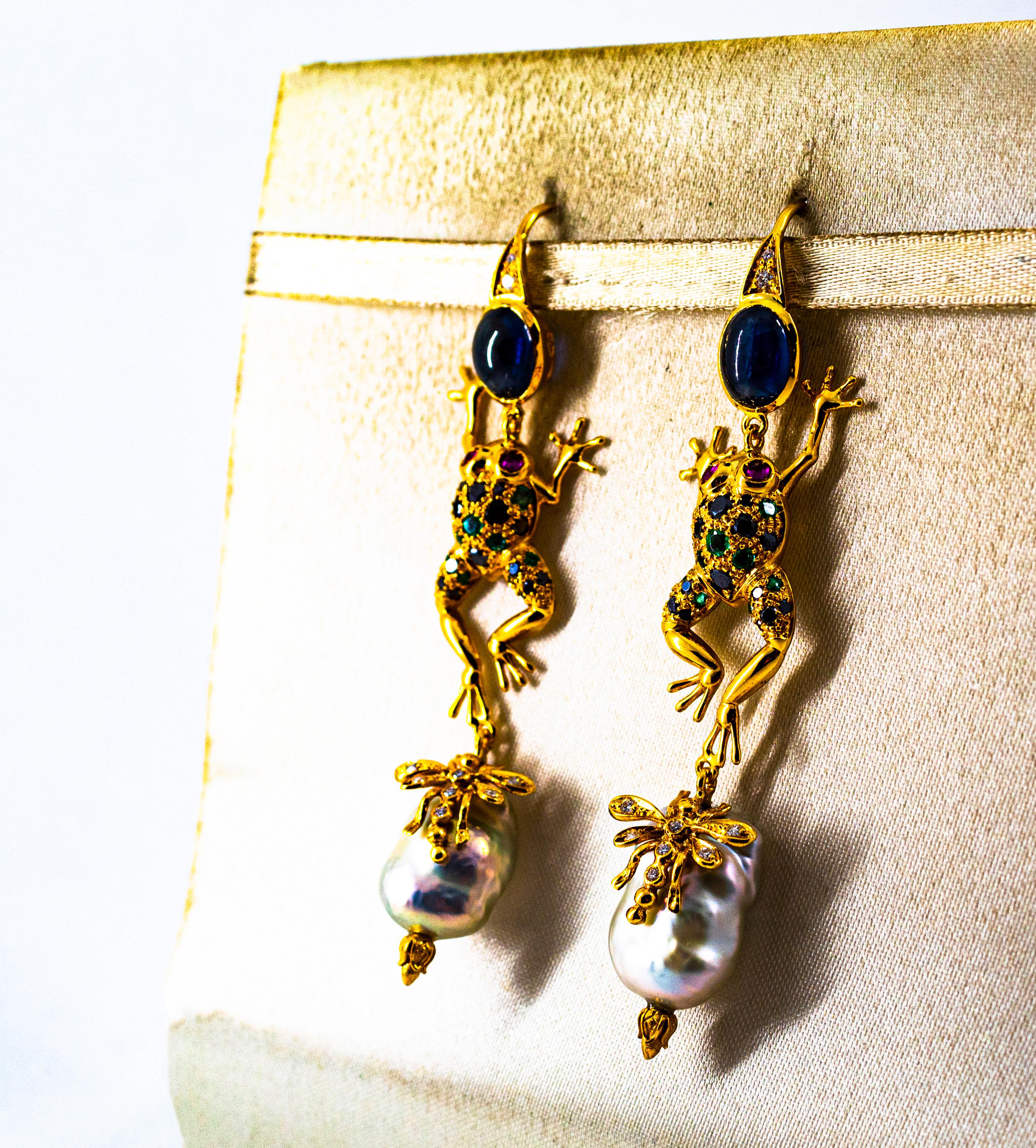 White Black Diamond Emerald Blue Sapphire Ruby Pearl Yellow Gold Drop Earrings In New Condition In Naples, IT