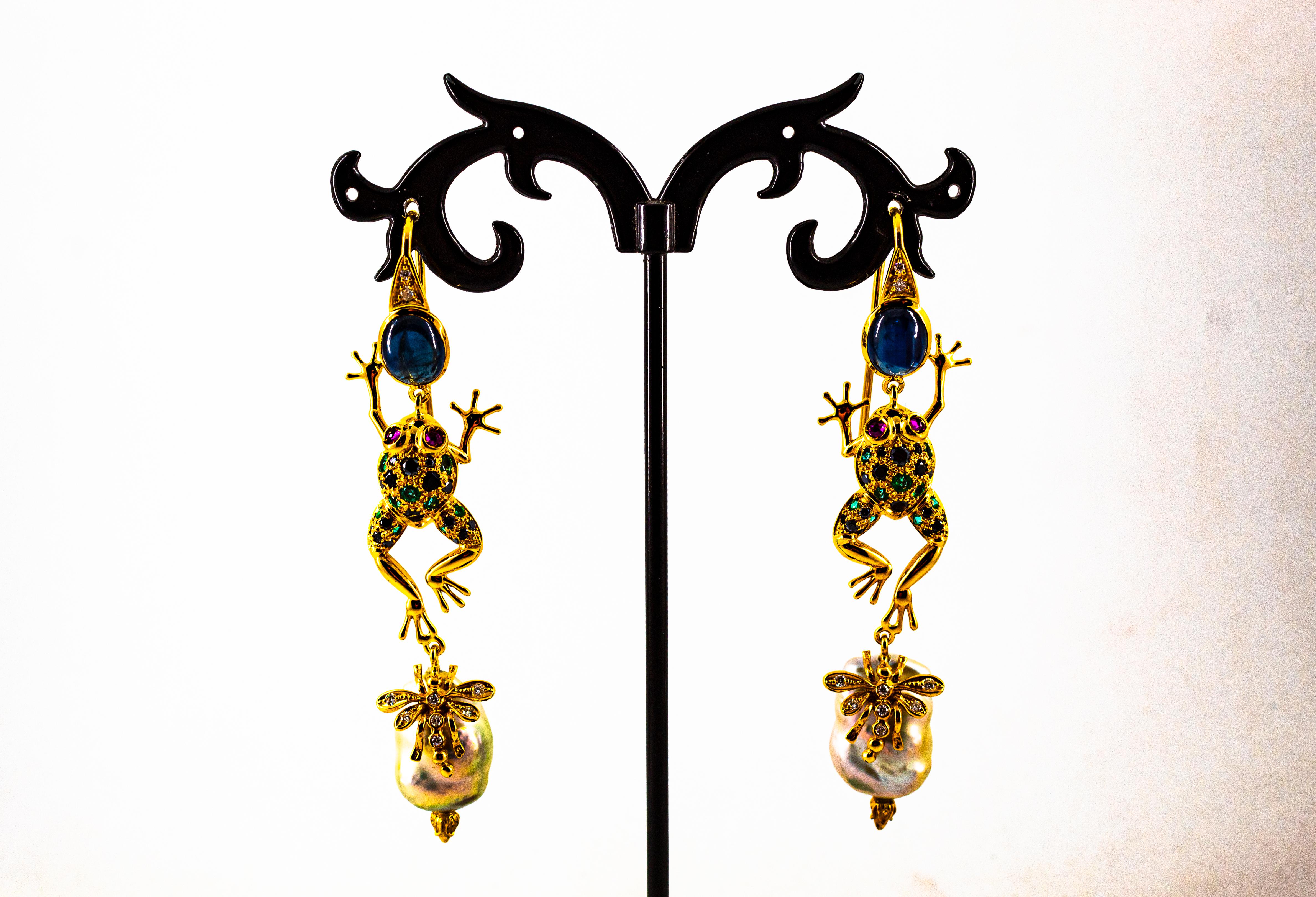 Gelbgold-Tropfenohrringe mit weißem, schwarzem Diamant, Smaragd, blauem Saphir, Rubin und Perle für Damen oder Herren im Angebot