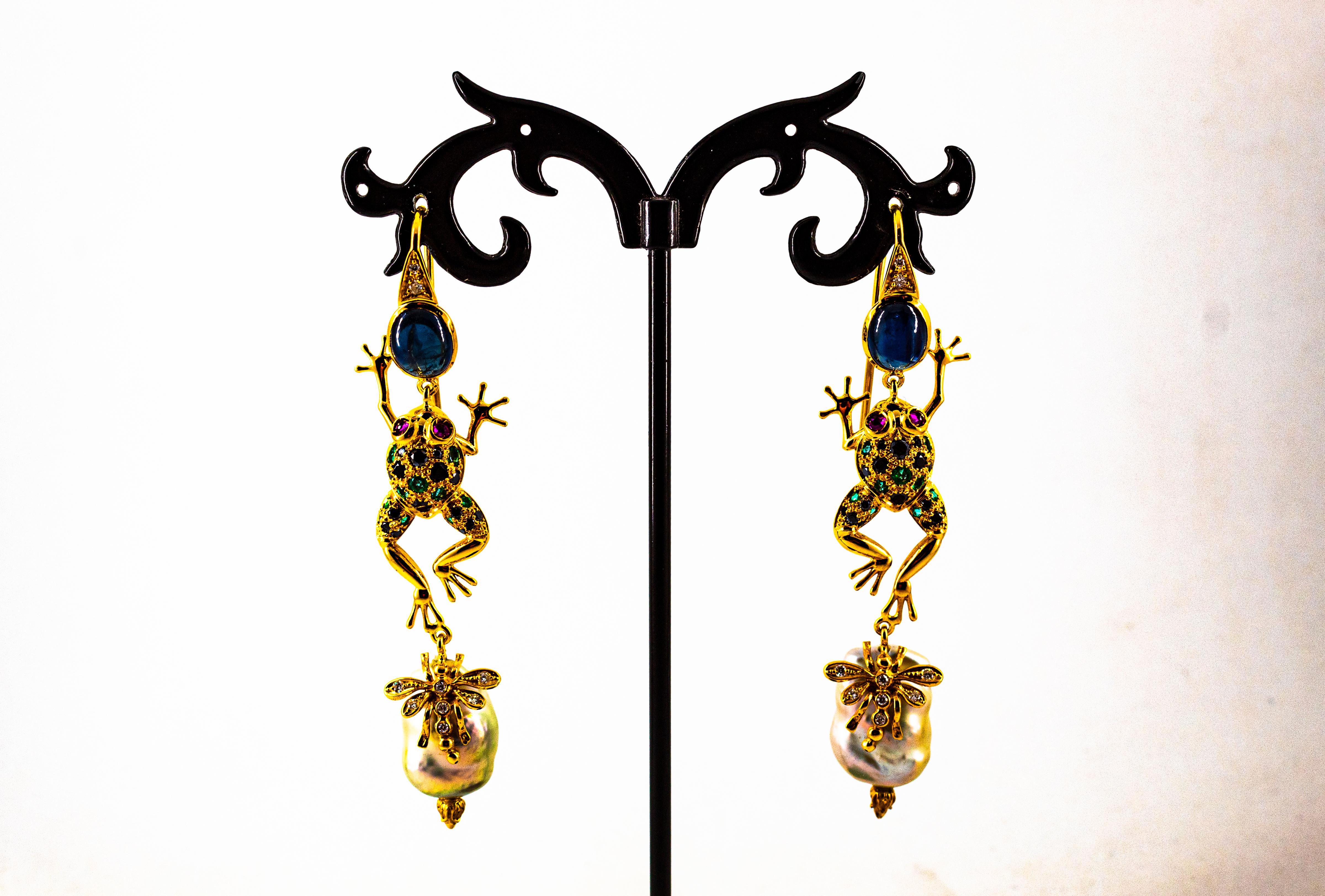 Gelbgold-Tropfenohrringe mit weißem, schwarzem Diamant, Smaragd, blauem Saphir, Rubin und Perle im Angebot 1