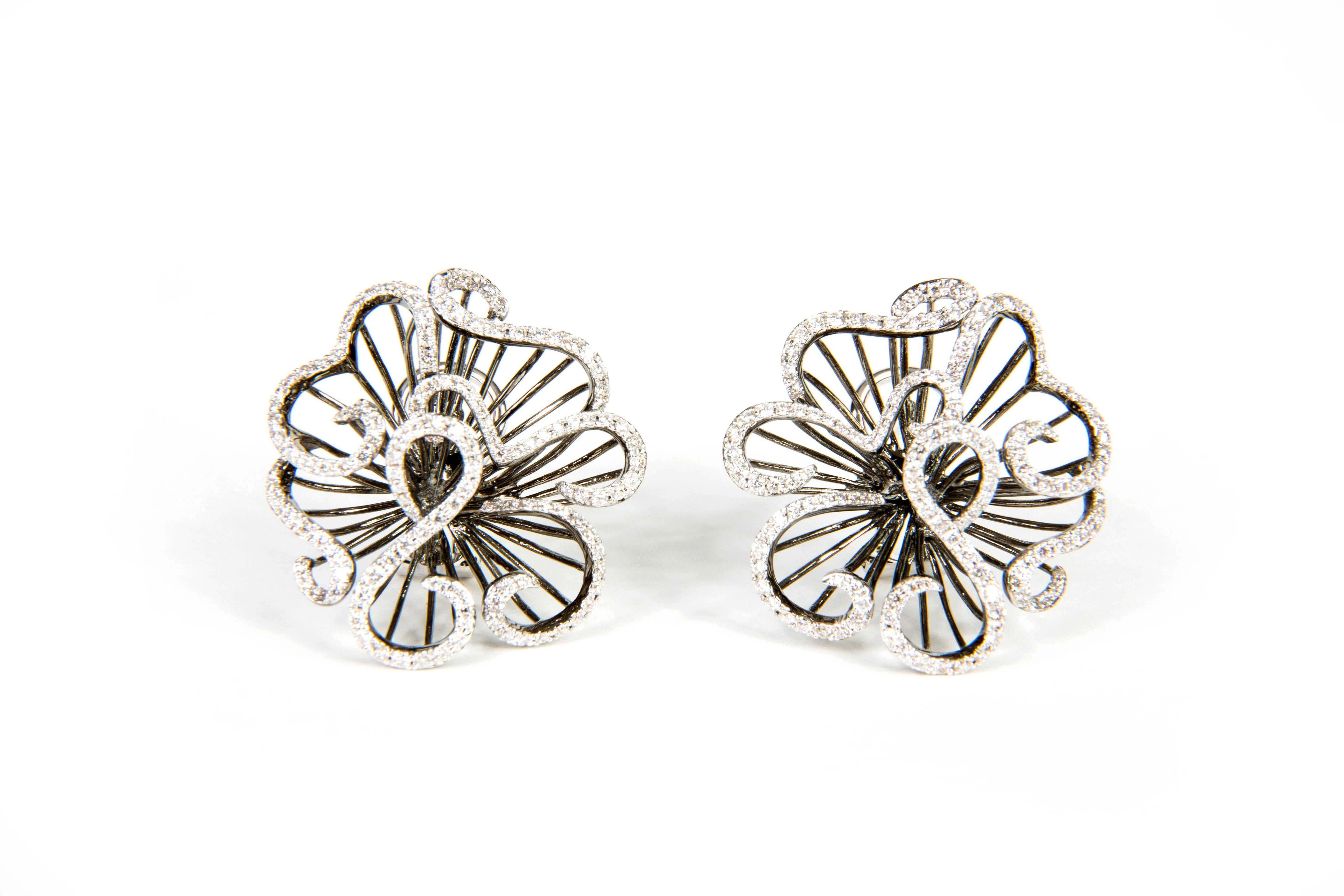 Diamond Flower Earrings 
white diamonds 1.01 cts H/Si
black diamonds 0.91 cts
18k whitegold

earrings come with clips and studs/ either can be removed upon request without charge