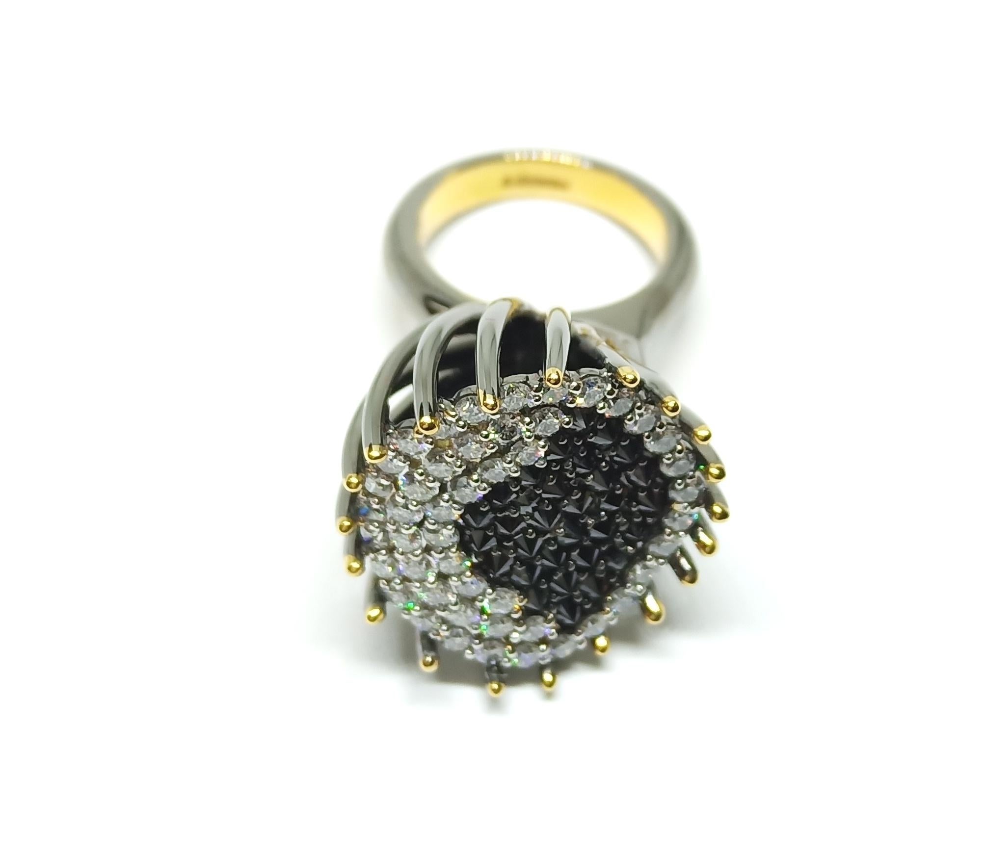 Round Cut Beware People will Stare with Contemporary White and Black Diamond Gold Ring For Sale