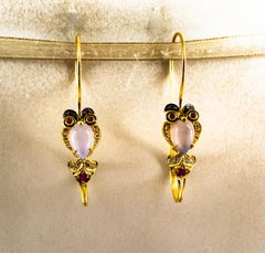 White Black Diamond Ruby Chalcedony Enamel Yellow Gold Lever-Back "Owl" Earrings
