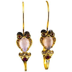 White Black Diamond Ruby Chalcedony Enamel Yellow Gold Lever-Back "Owl" Earrings