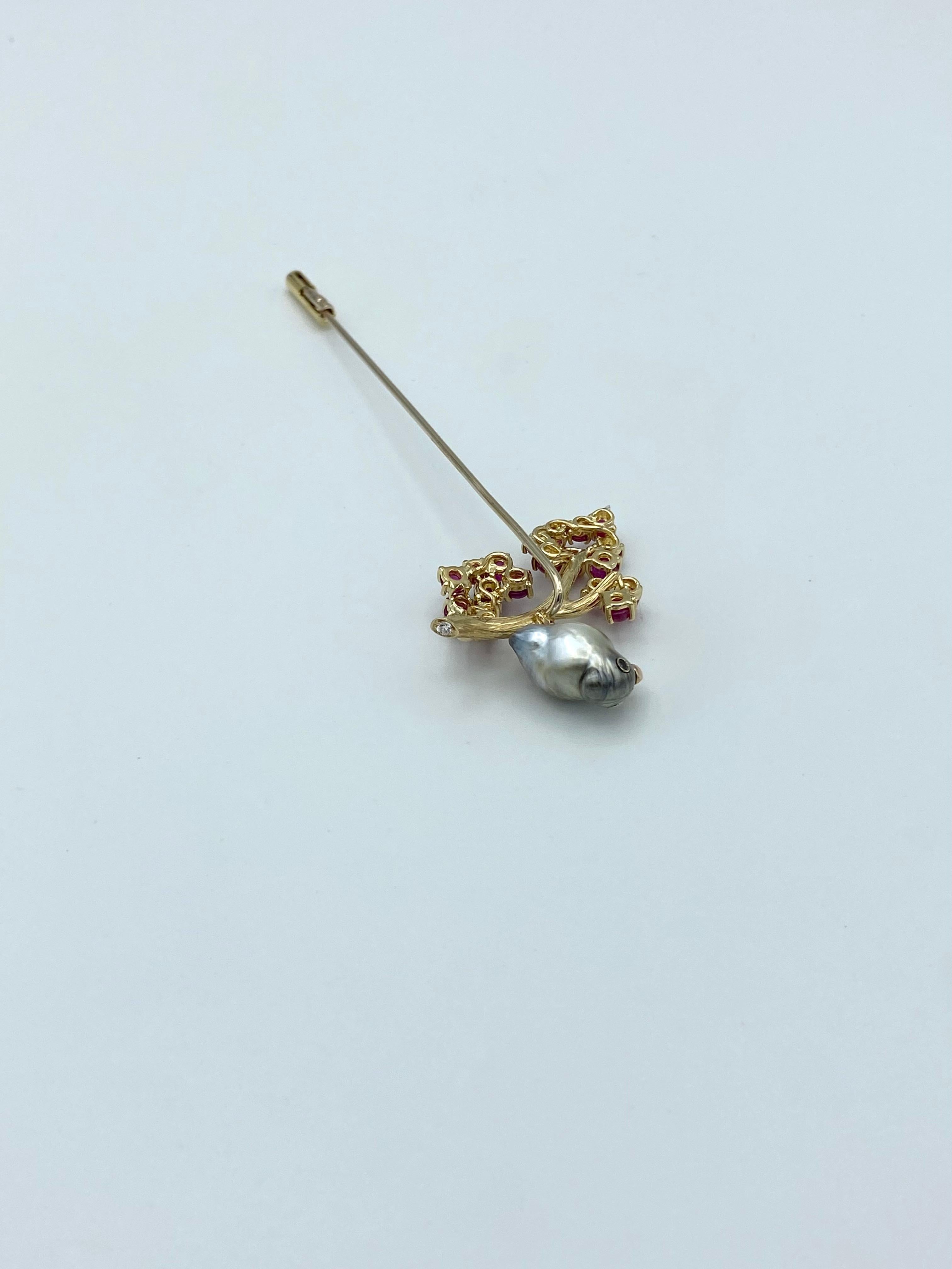 Artisan White Black Diamond Ruby 18kt Gold Keshi Tahitian Pearl Pin Stick Brooch For Sale