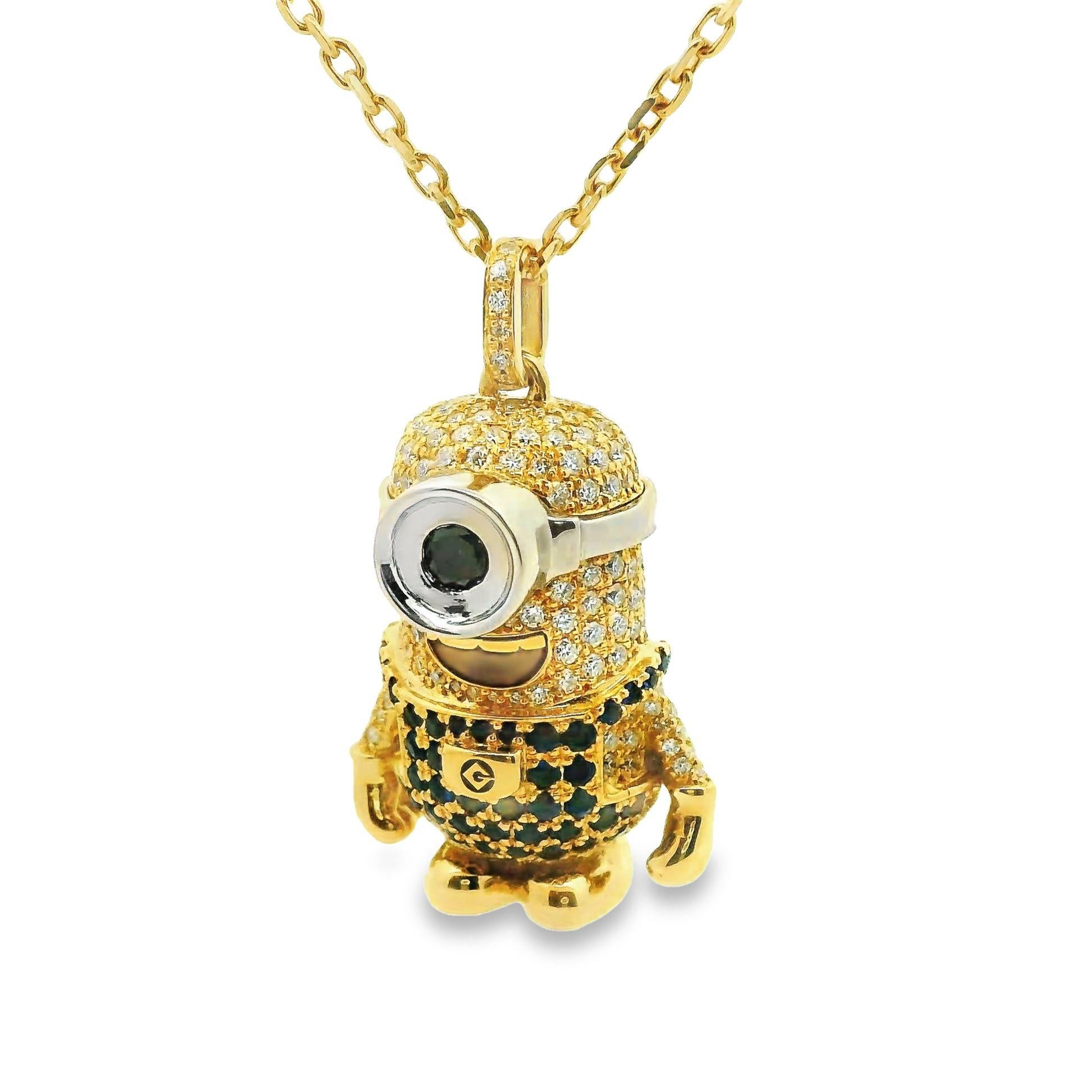 This unique minion necklace pendant is sure to bring smiles and laughter wherever it goes, a delightful homage to the animated icons. At its center sits a charming 0.13 carats black diamond, while the rest of the pendant is crafted with intricate