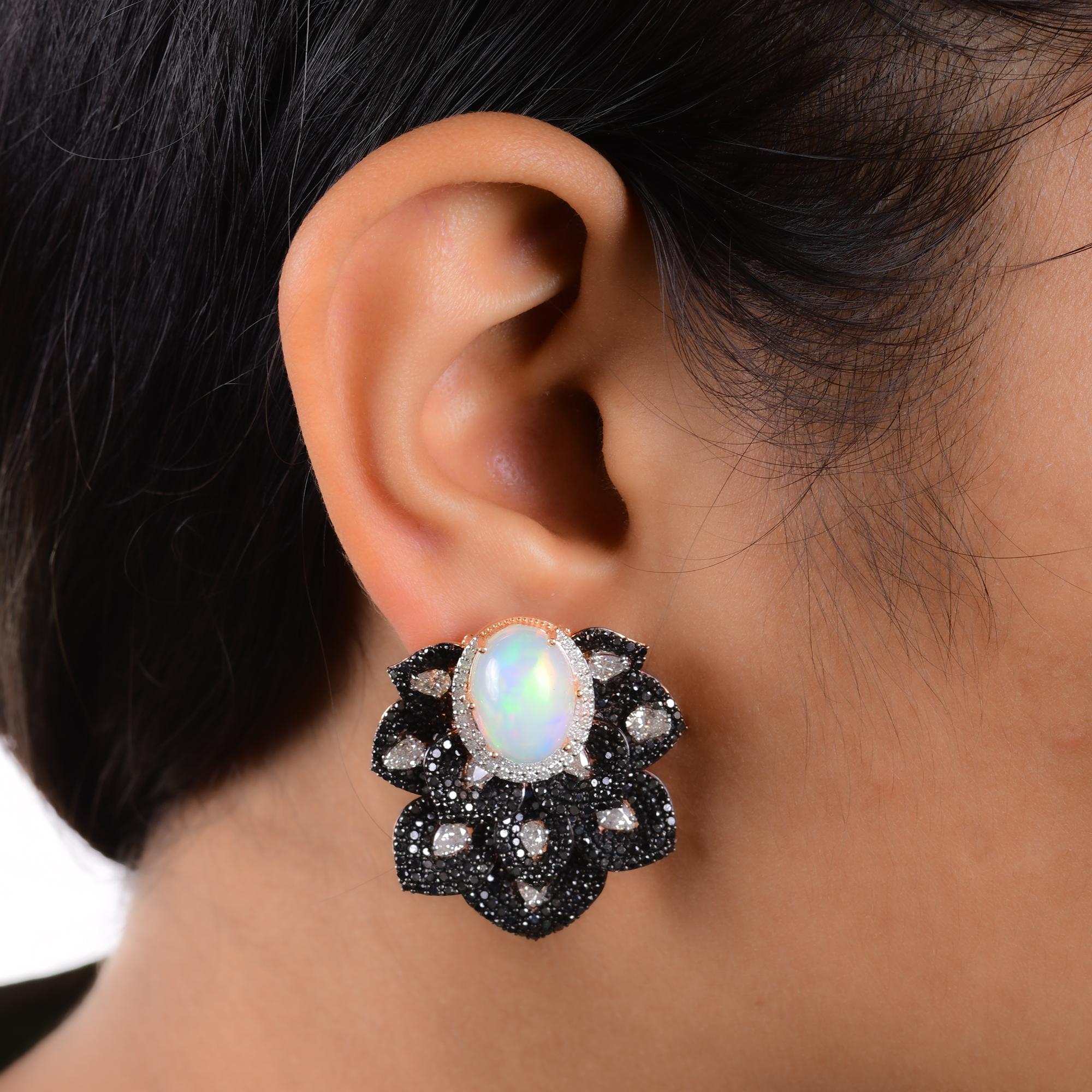 Modern White & Black Diamond Stud Earrings Opal Gemstone 14 Karat Rose Gold Jewelry For Sale