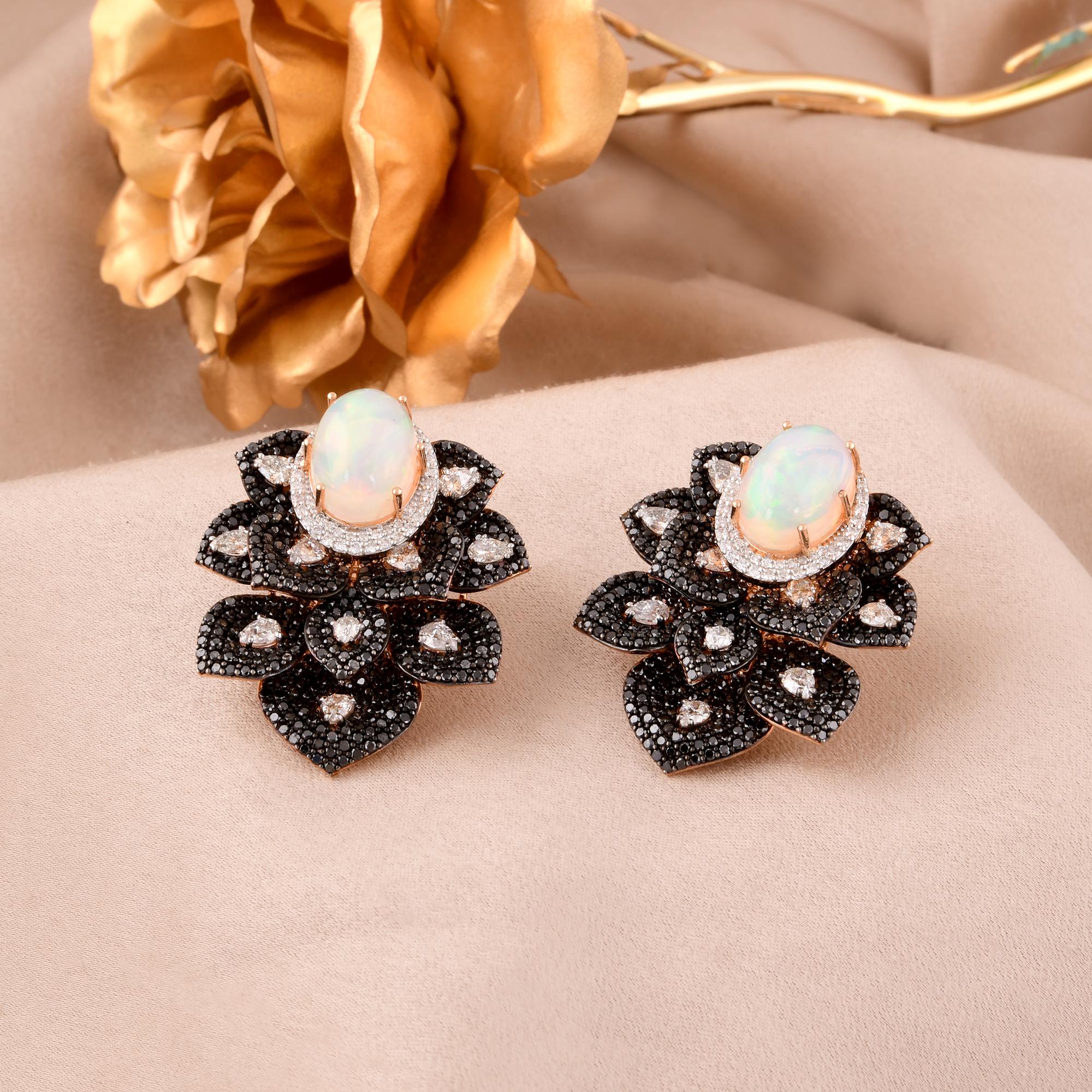 Oval Cut White & Black Diamond Stud Earrings Opal Gemstone 14 Karat Rose Gold Jewelry For Sale