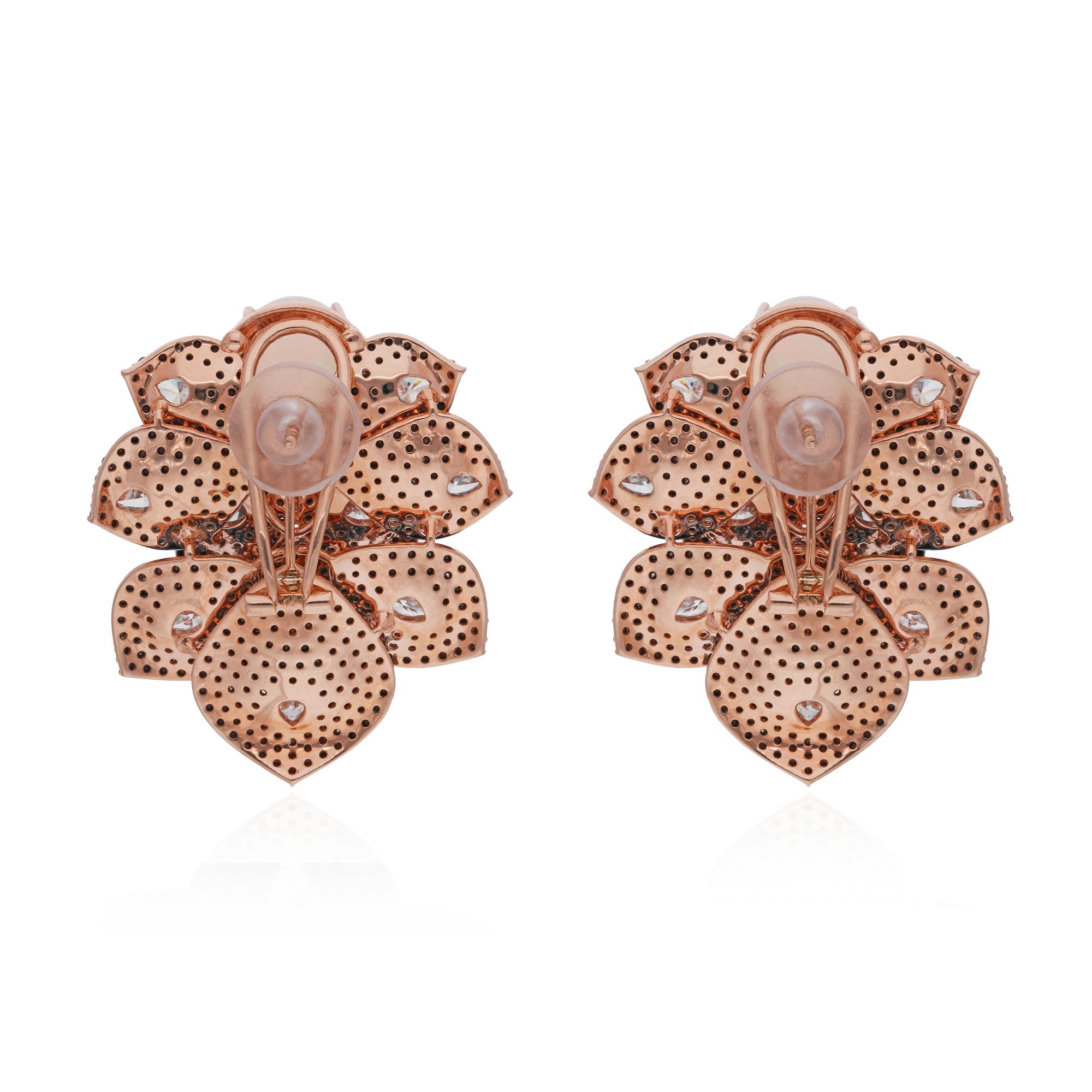Women's White & Black Diamond Stud Earrings Opal Gemstone 14 Karat Rose Gold Jewelry For Sale