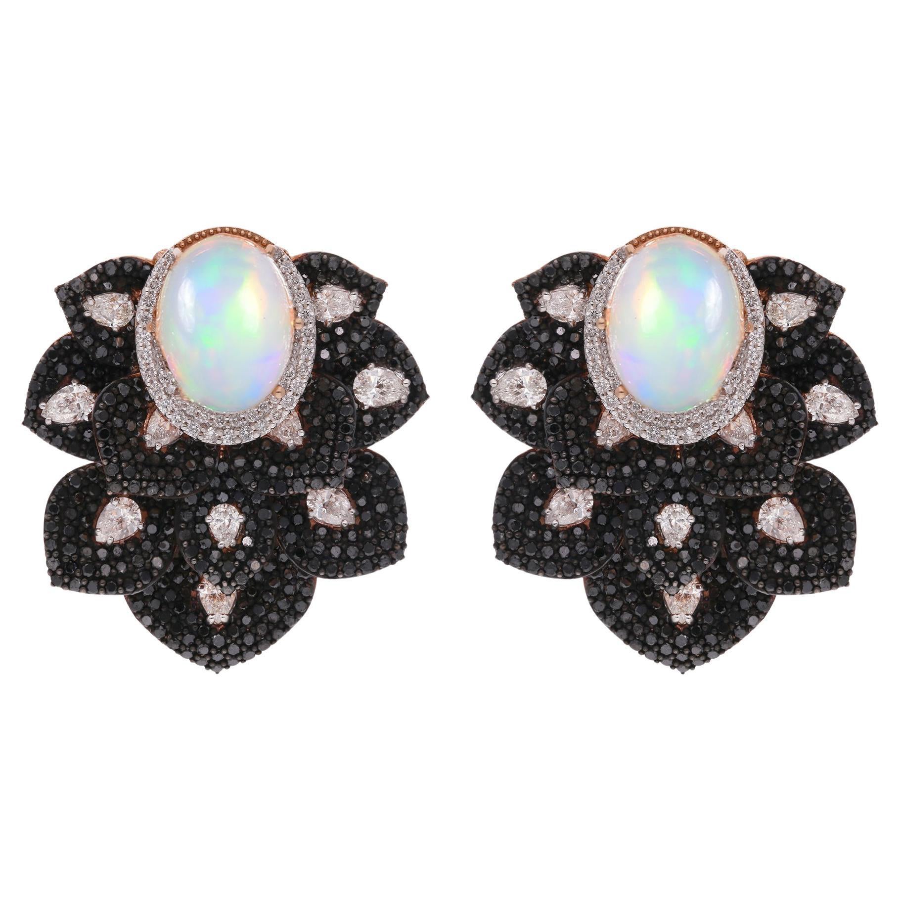White & Black Diamond Stud Ears Opal Gemstone 14 Karat Rose Jewelry