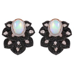 White & Black Diamond Stud Ears Opal Gemstone 14 Karat Rose Jewelry