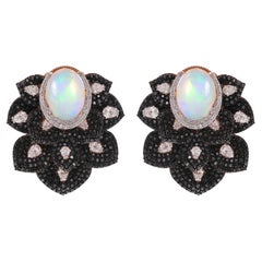 White 
Black Diamond Stud Ears Opal Gemstone 14 Karat Rose Jewelry