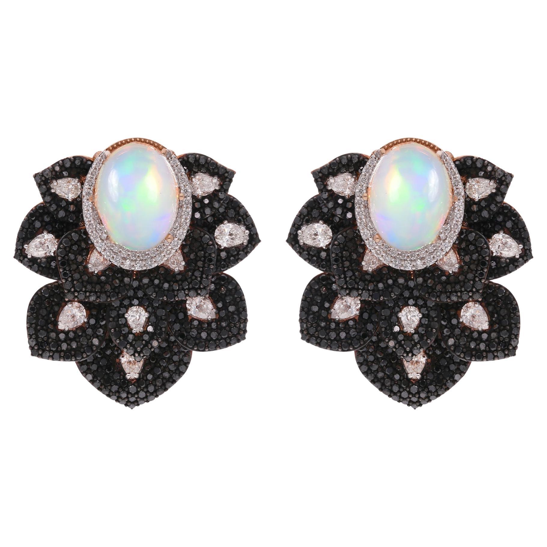 White 
Black Diamond Stud Earrings Opal Gemstone 14 Karat Rose Gold Jewelry
