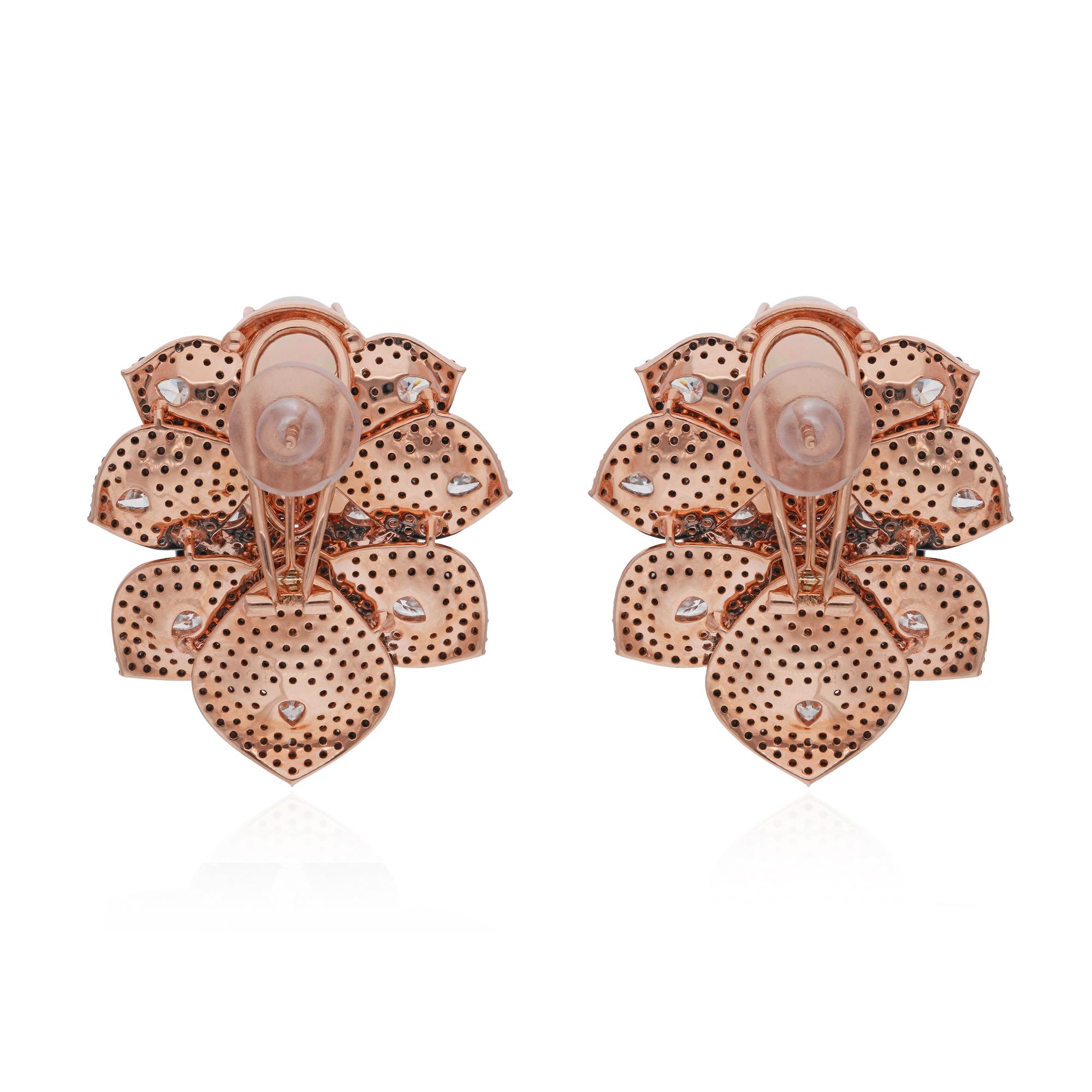 White & Black Diamond Stud Earrings Opal Gemstone 18 Karat Rose Gold Jewelry In New Condition For Sale In Diera, Dubai