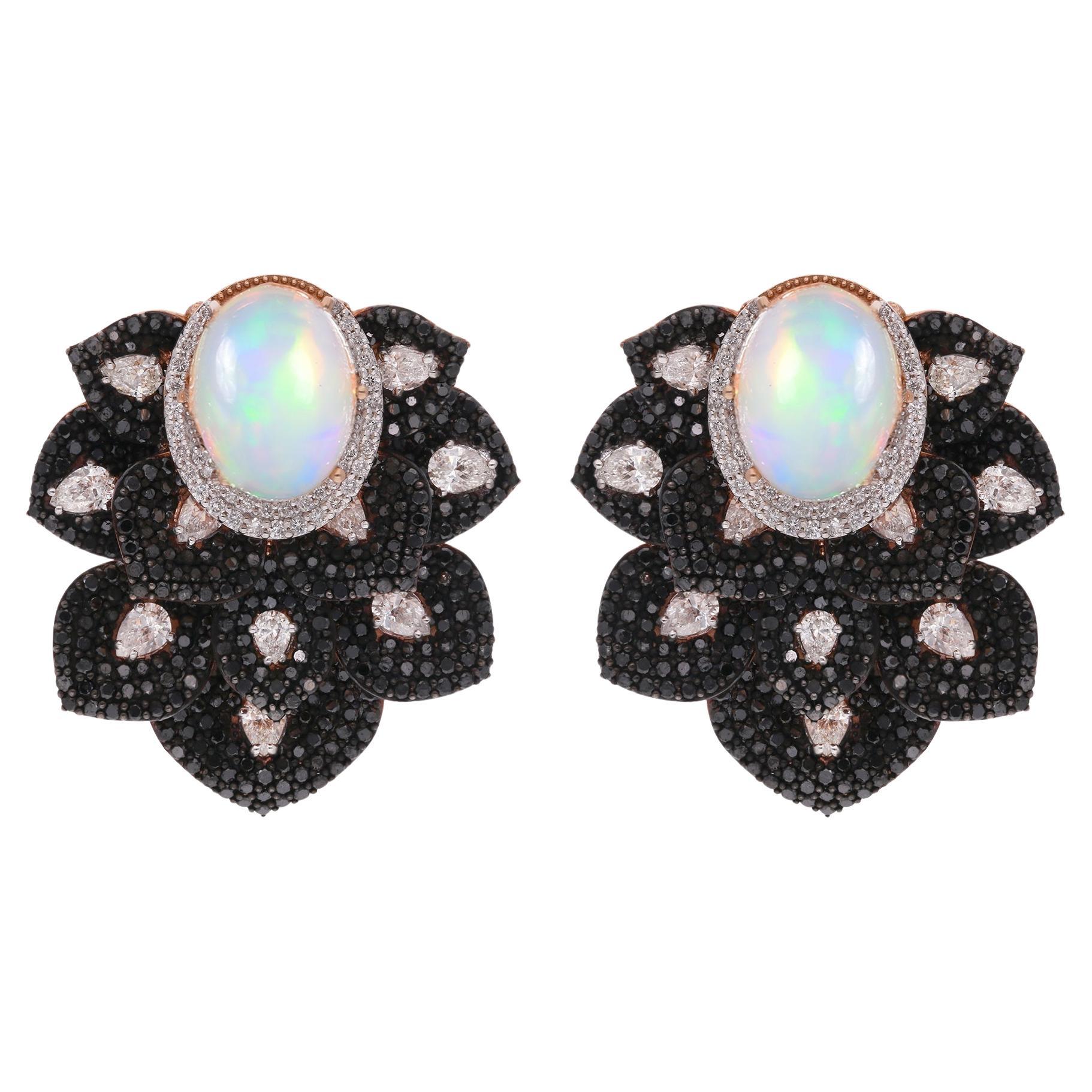 White & Black Diamond Stud Earrings Opal Gemstone 18 Karat Rose Gold Jewelry For Sale