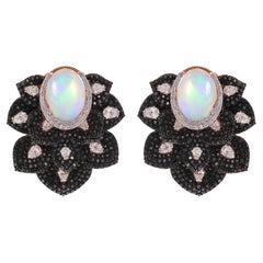 White & Black Diamond Stud Earrings Opal Gemstone 18 Karat Rose Gold Jewelry