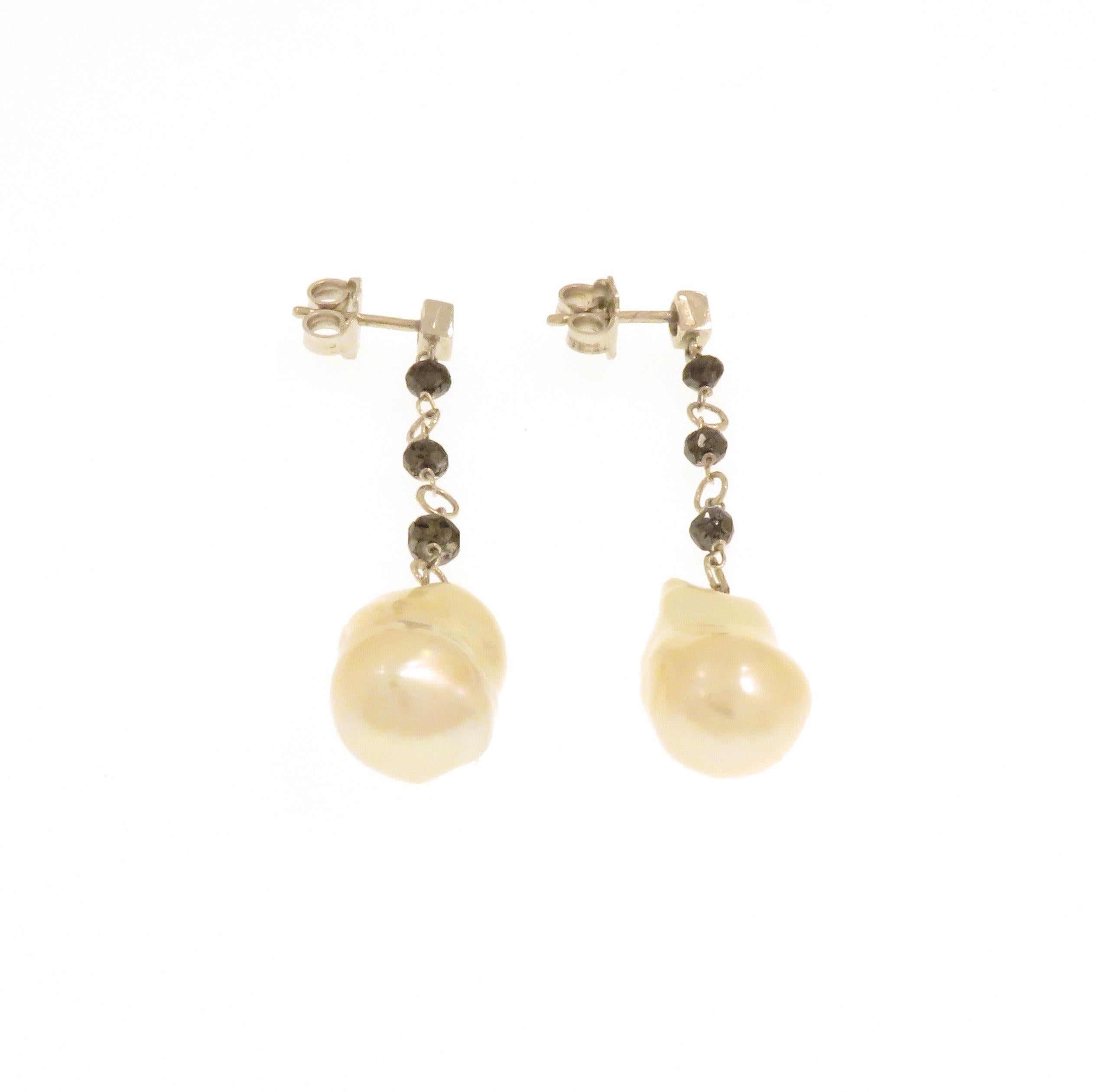 Contemporary White Black Diamonds Pearls 18k White Gold Dangle Earrings Handcrafted in Italy