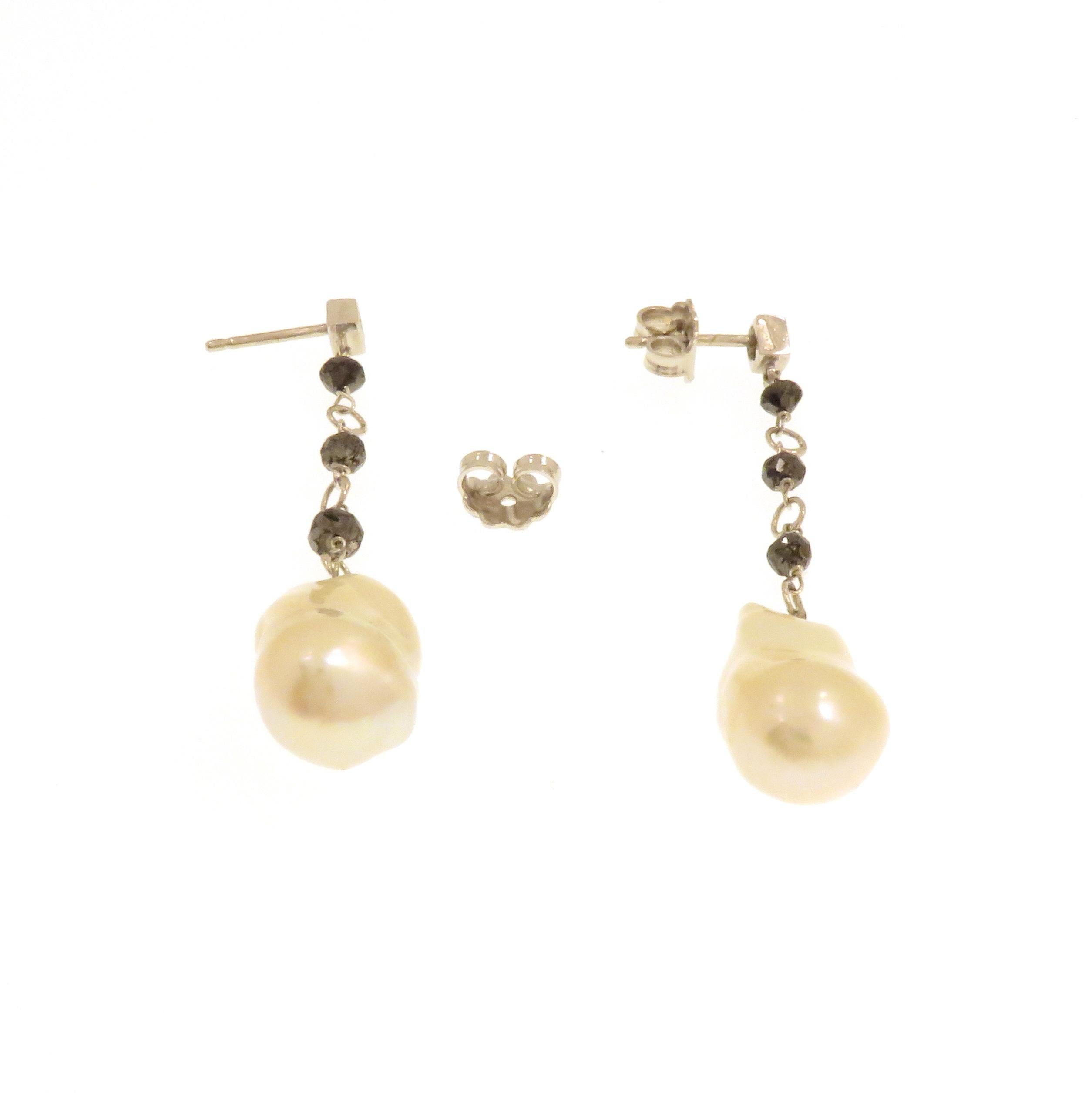 Ball Cut White Black Diamonds Pearls 18k White Gold Dangle Earrings Handcrafted in Italy