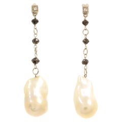 White Black Diamonds Pearls 18k White Gold Dangle Earrings Handcrafted in Italy