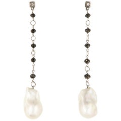 White Black Diamonds Pearls White Gold Dangle Earrings Handcrafted in Italy