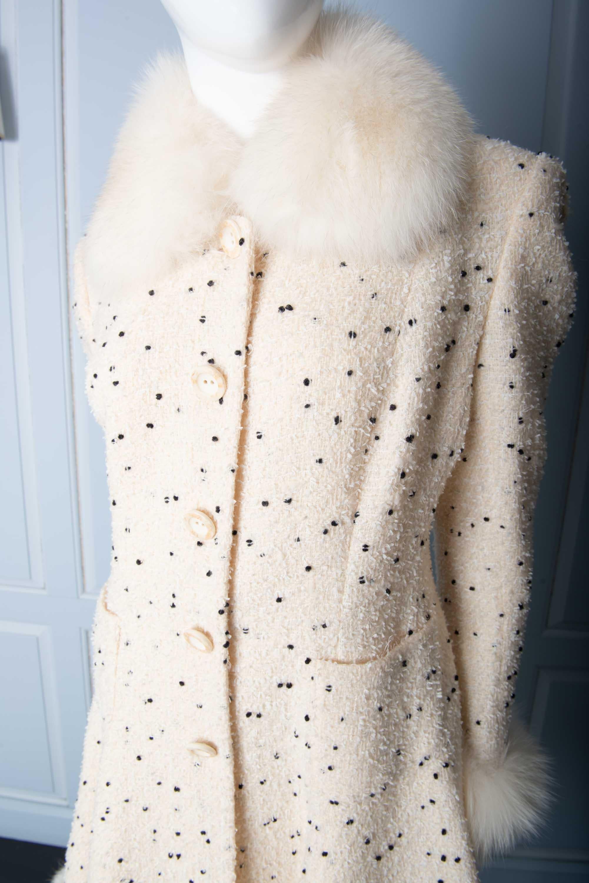 White & Black Dot Coat with Fox Fur Trim, Paris (Beige)