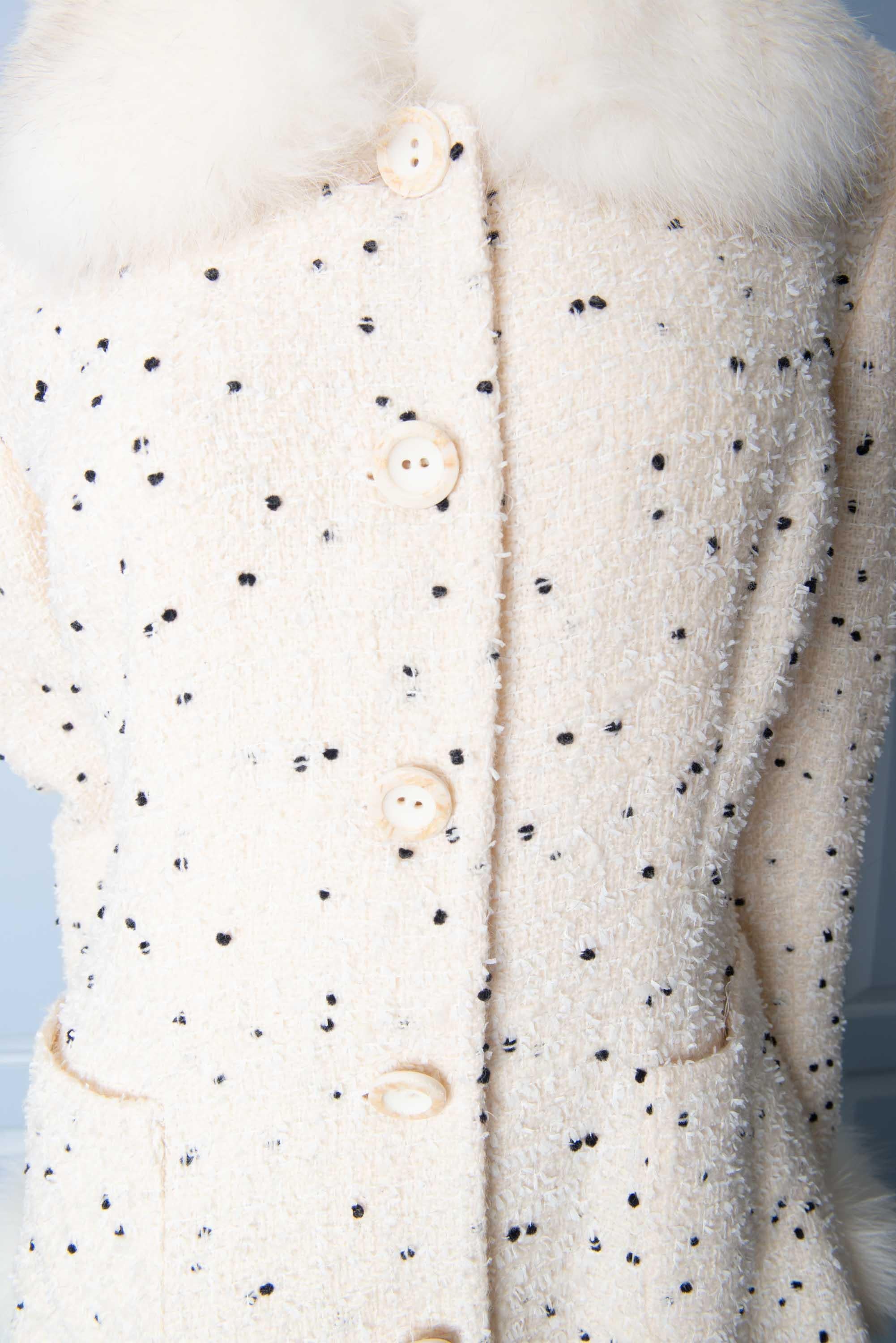 Beige White & Black Dot Coat with Fox Fur Trim, Paris