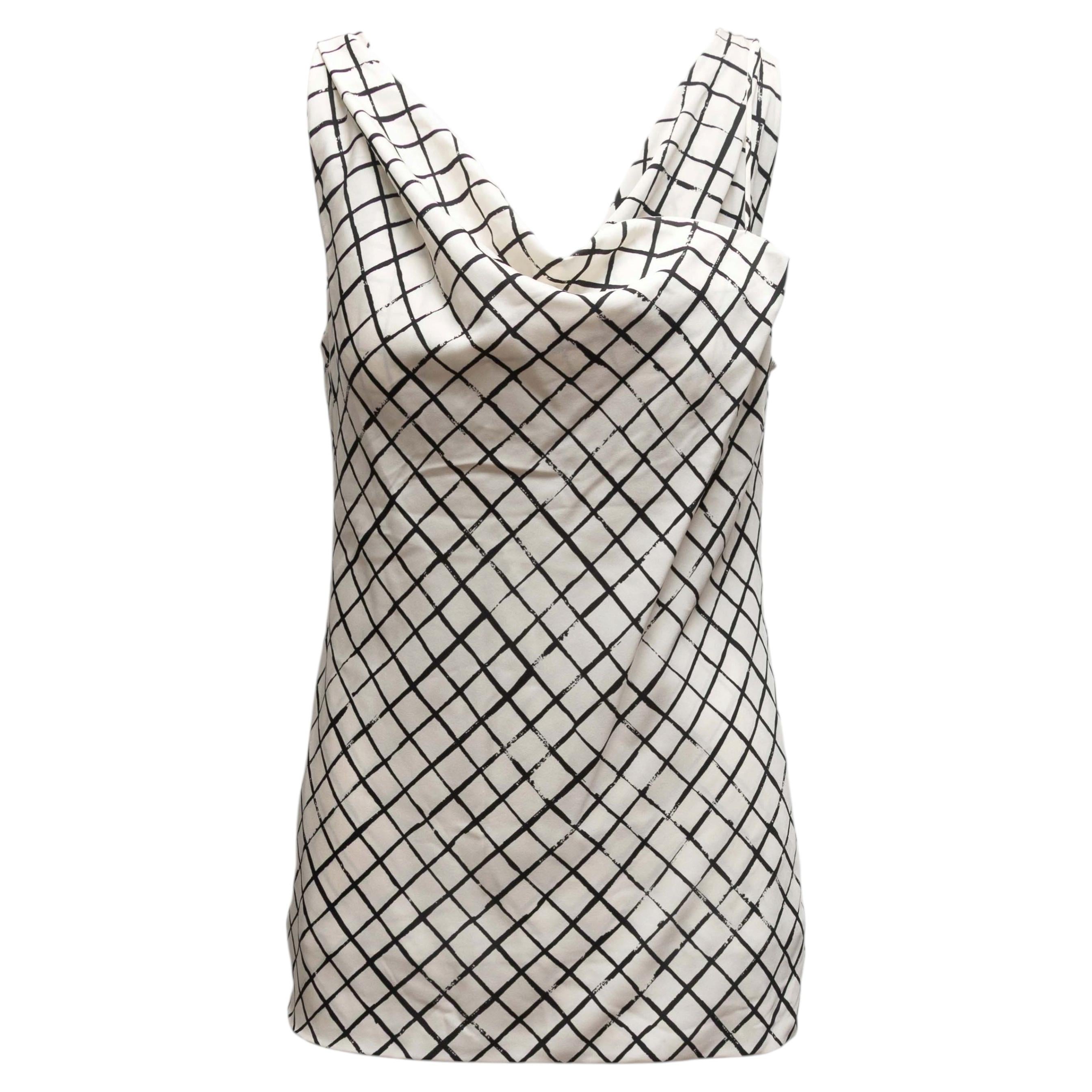 White & Black Dries Van Noten Silk Grid Print Cowl Neck Tank Size US S For Sale