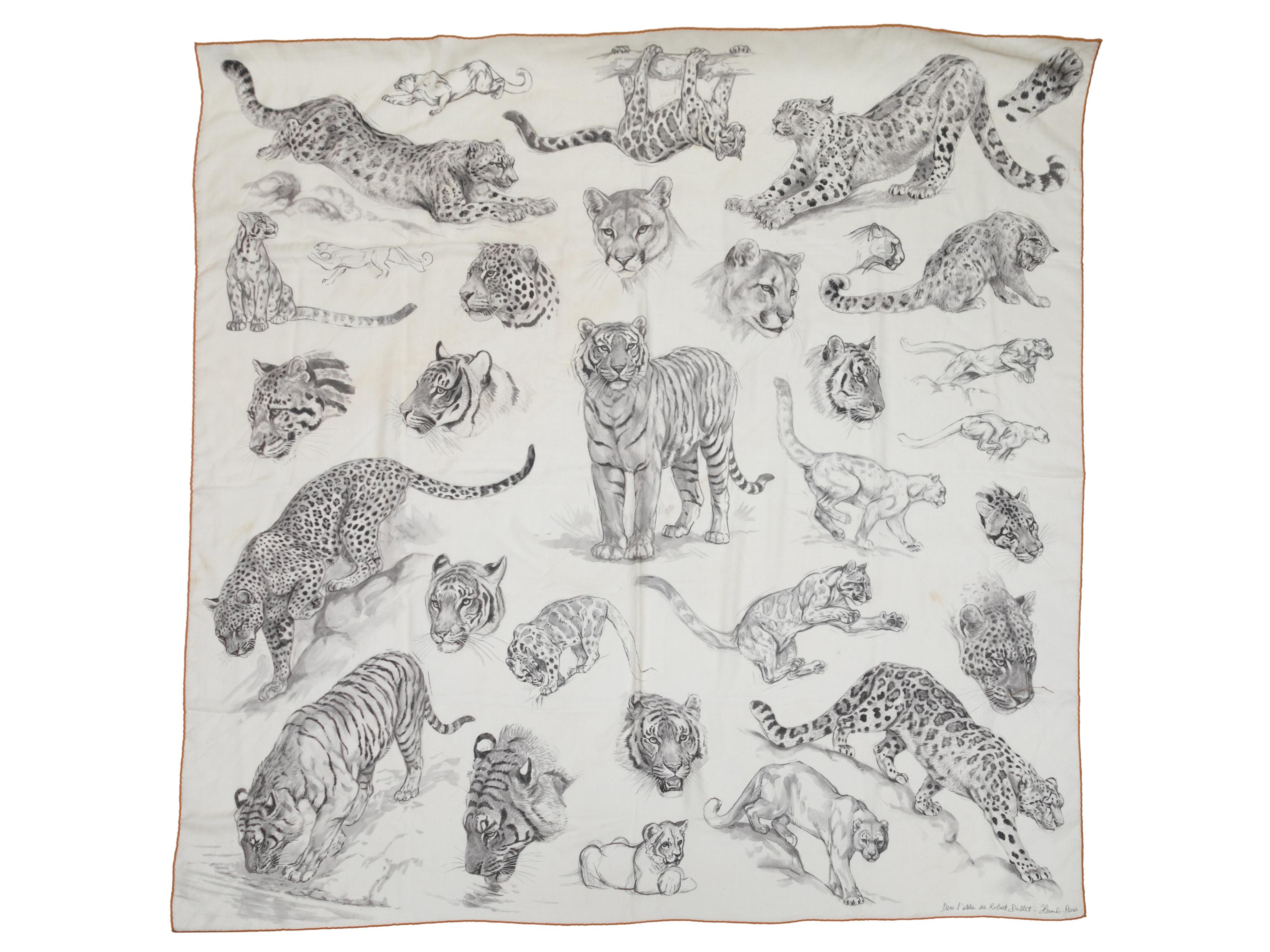 White & Black Hermes Cashmere & Silk Big Cat Print Scarf In Good Condition For Sale In New York, NY