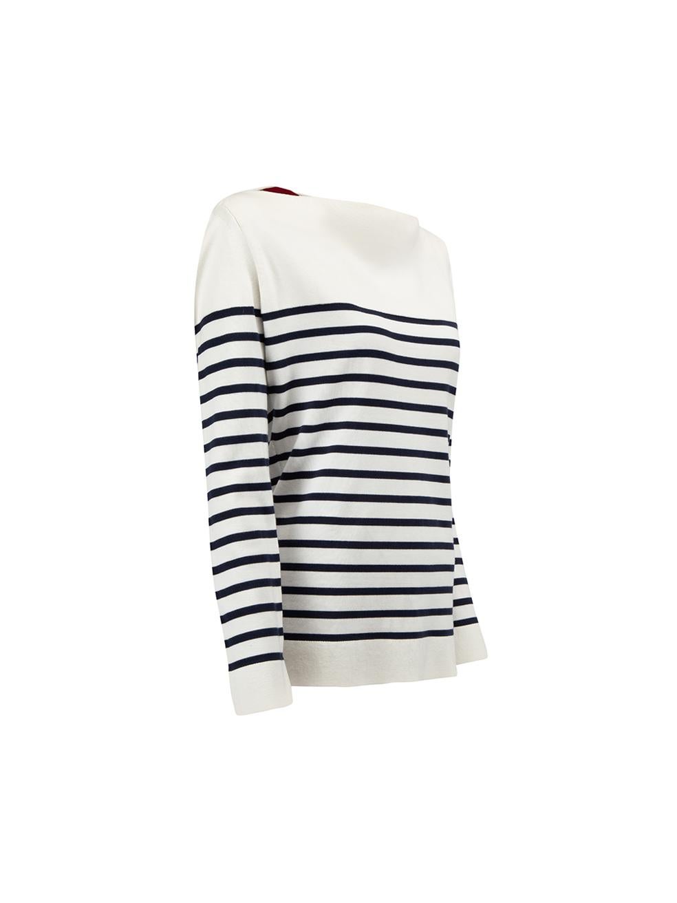 CONDITION is Good. Minor wear to jumper is evident. Light discoloured marks on this used Burberry London designer resale item. 



Details


White and navy

Cotton

Long sleeves jumper

Knitted

Striped pattern

Boat neckline





Made in