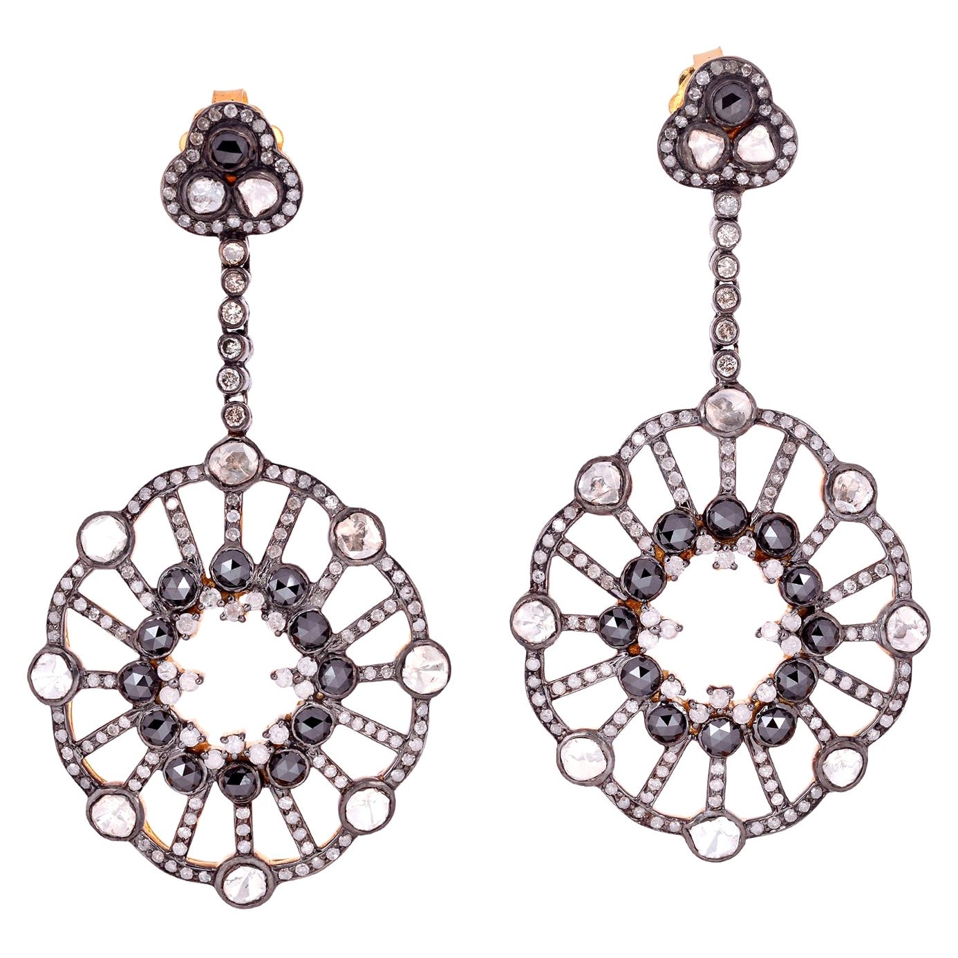 Pendientes Colgantes de Diamantes Polki Blancos y Negros de Oro de 18 K y Plata