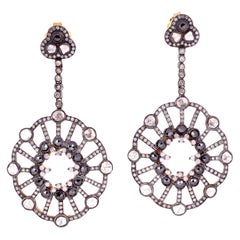 Pendants d'oreilles en or 18 carats et argent avec diamants blancs et noirs Polki