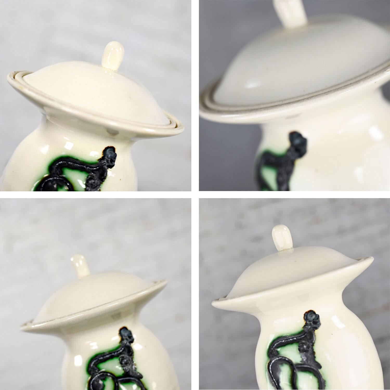 White & Black W/Green Accent Ceramic Lidded Vessel Signed Pritchard Spring 75 For Sale 4
