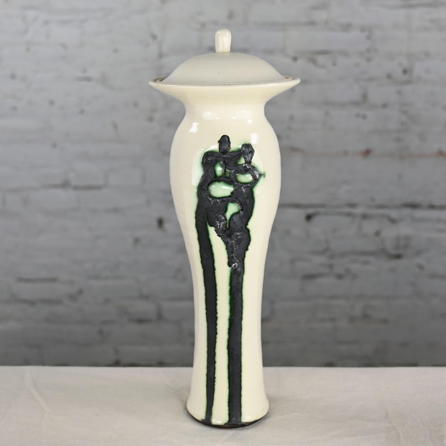 Unknown White & Black W/Green Accent Ceramic Lidded Vessel Signed Pritchard Spring 75 For Sale