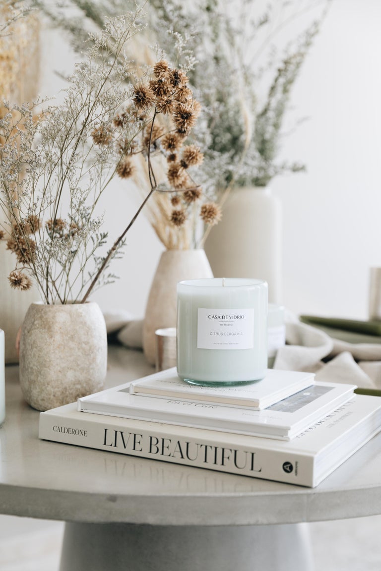 Mexican Made White Glass Blown Soy Wax Candle For Sale at 1stDibs