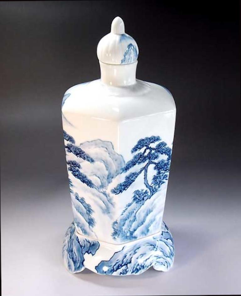 Hand-Painted Japanese Contemporary White Blue Porcelain Vase/Jar by Master Artist, 4 For Sale
