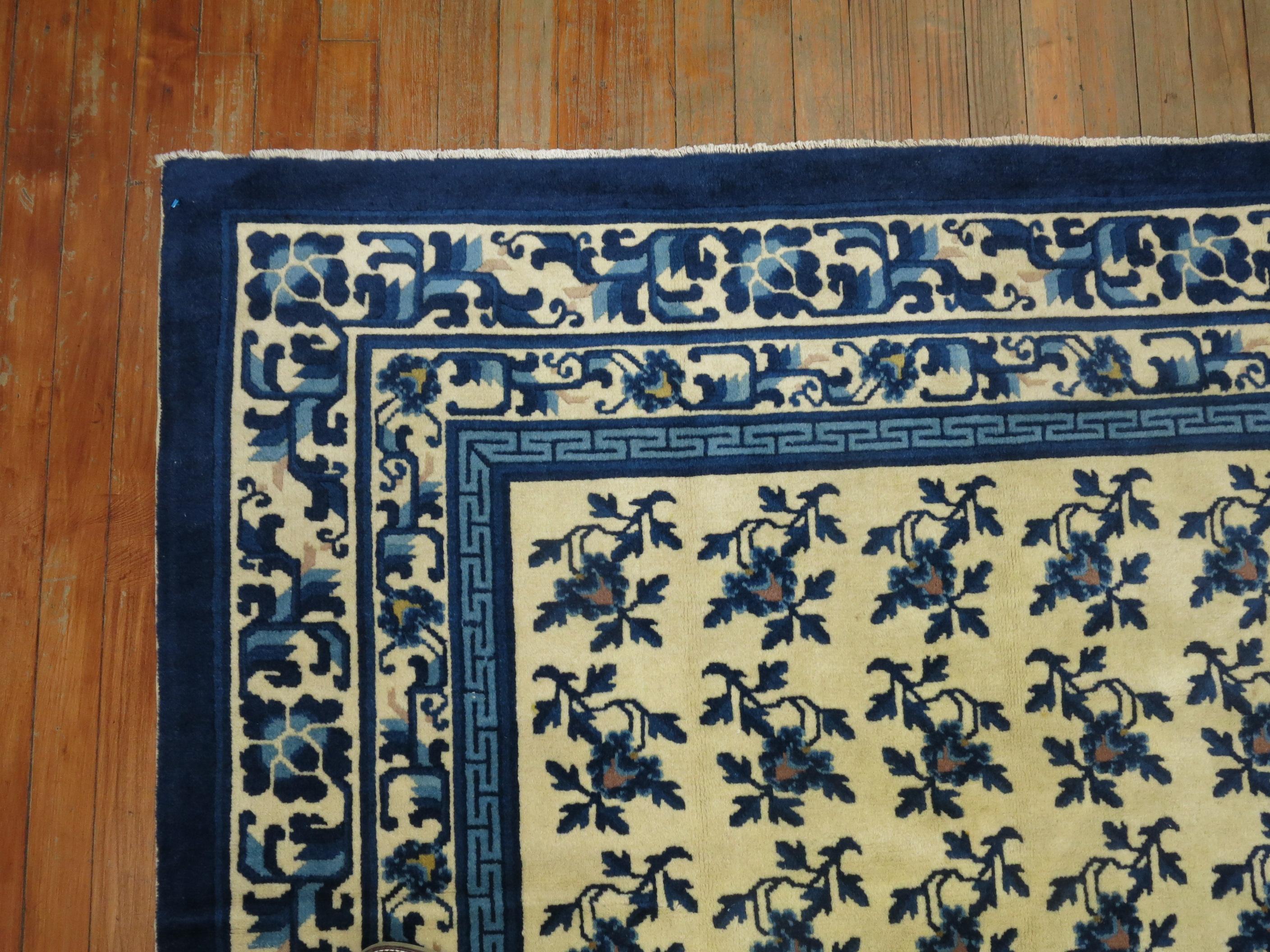 Wool White Blue Chinese Rug For Sale