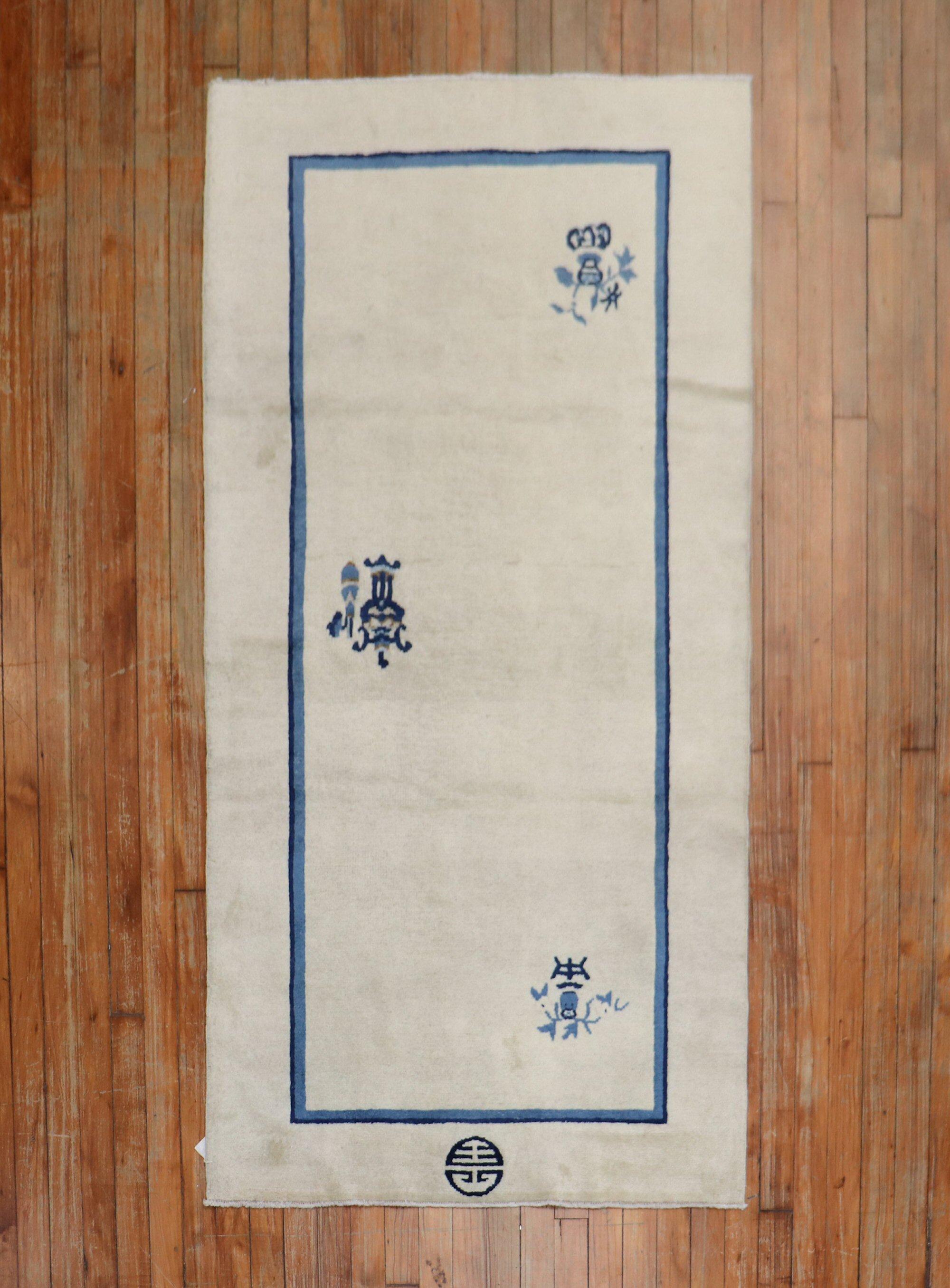 Minimalist White Blue Color Early 20th Century Antique Chinese Oriental Rug For Sale