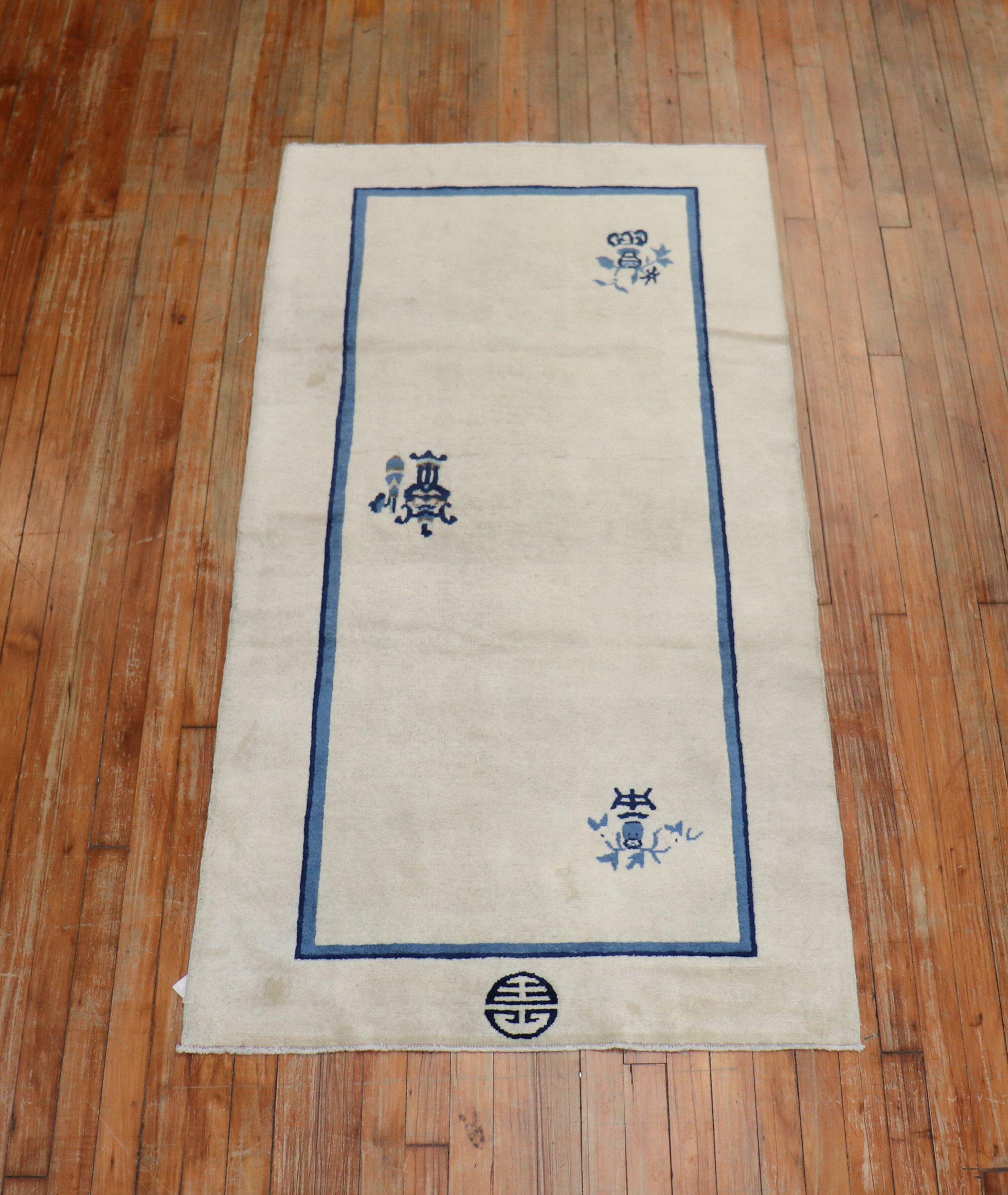 Hand-Knotted White Blue Color Early 20th Century Antique Chinese Oriental Rug