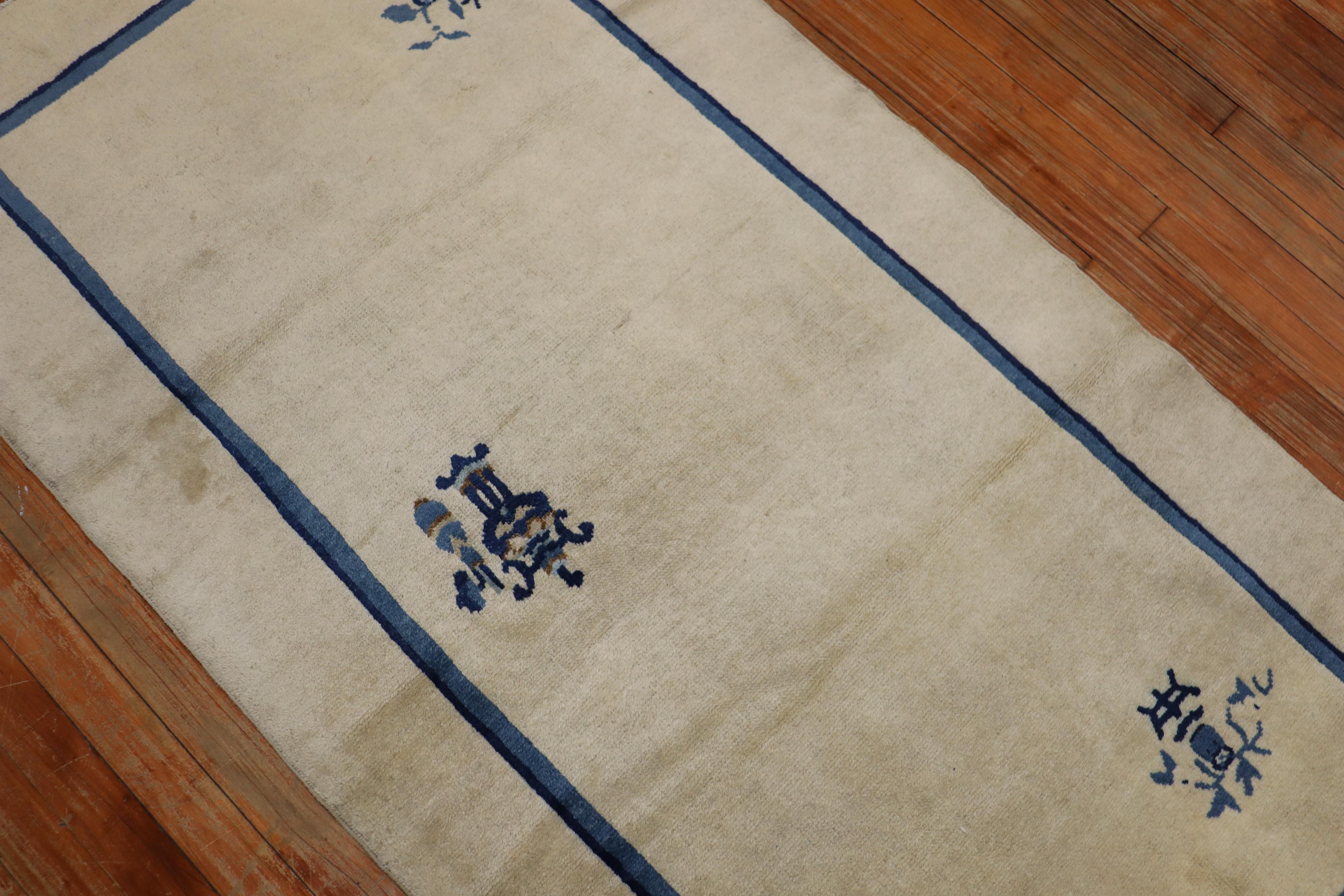 Wool White Blue Color Early 20th Century Antique Chinese Oriental Rug