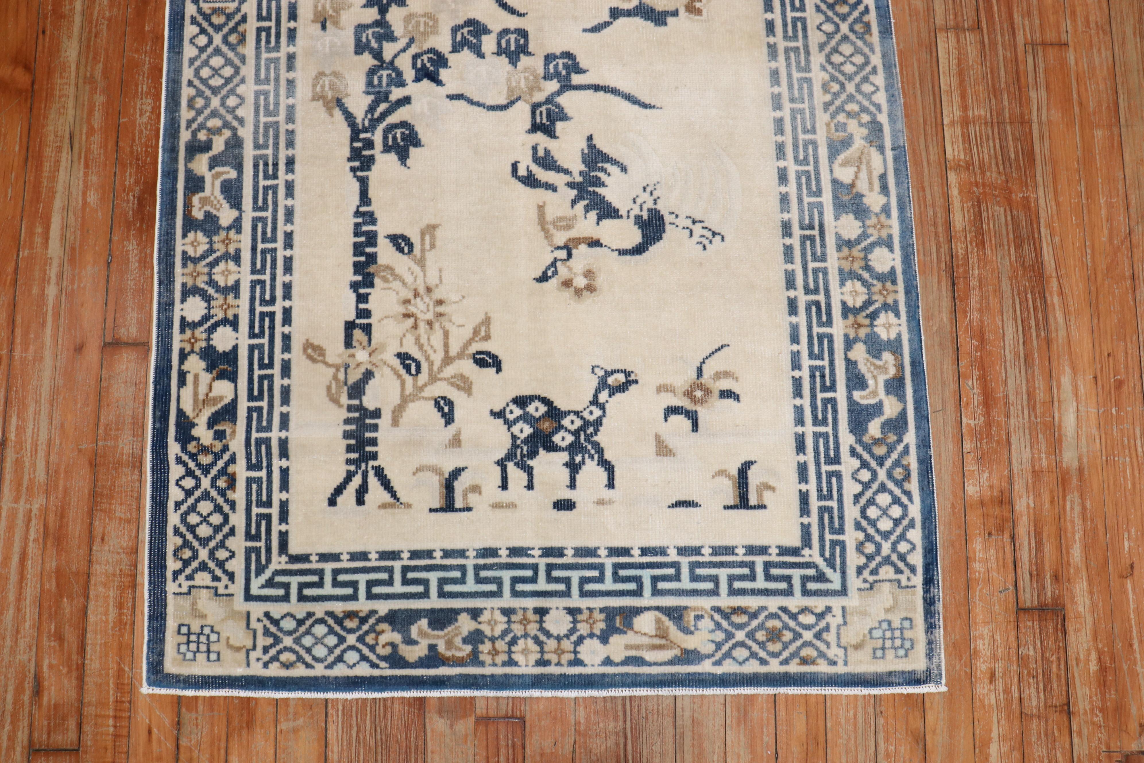 Hand-Knotted White Blue Color Pictorial Antique Chinese Oriental Rug For Sale